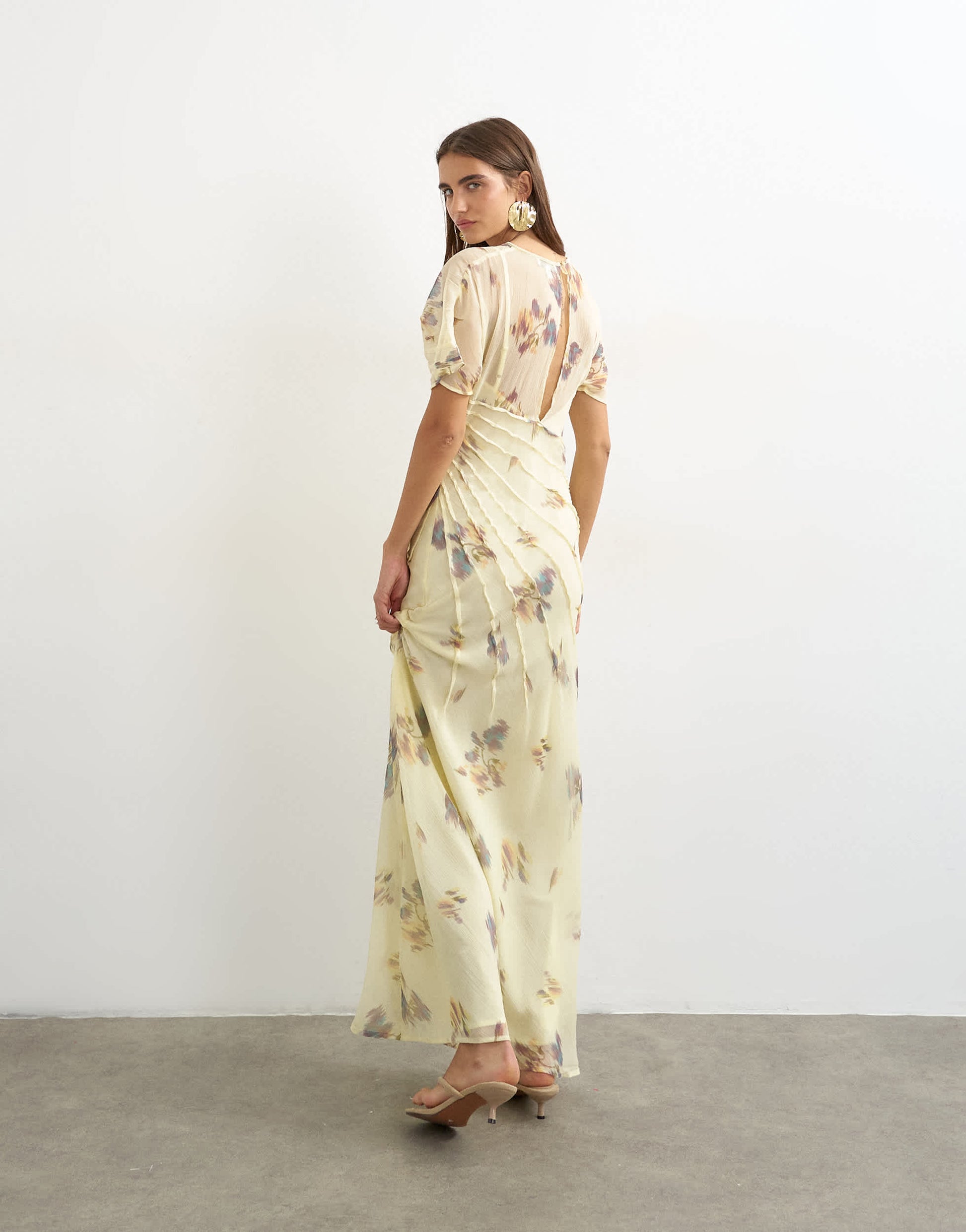 Topshop chiffon maxi dress with pintuck details in lemon blurred floral