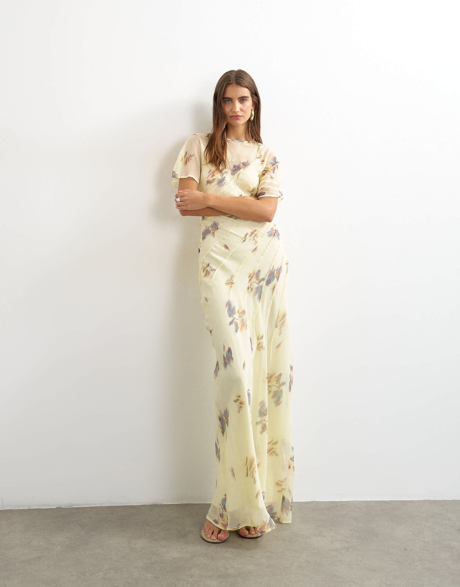 Topshop chiffon maxi dress with pintuck details in lemon blurred floral