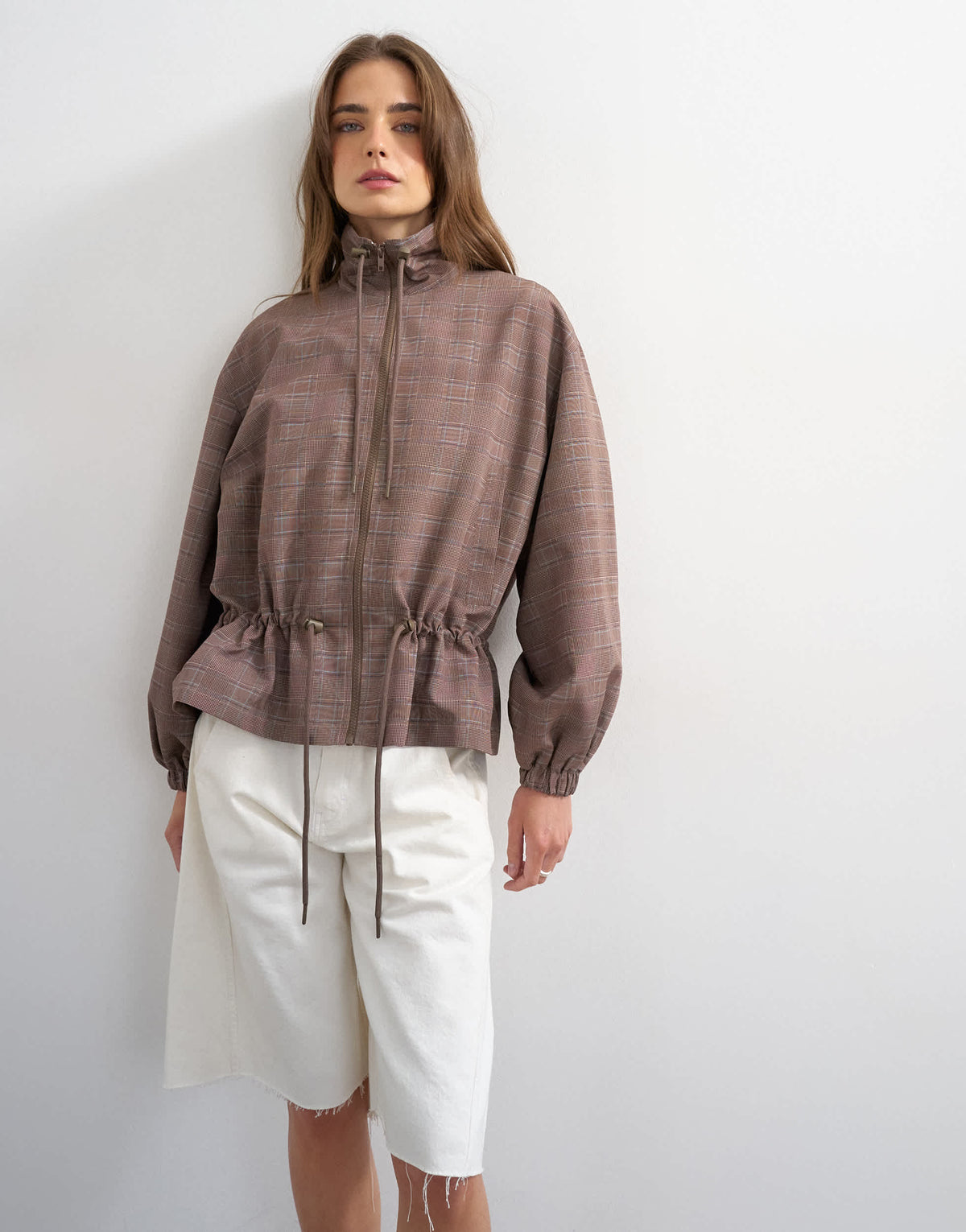 Topshop funnel neck nylon check anorak in multi