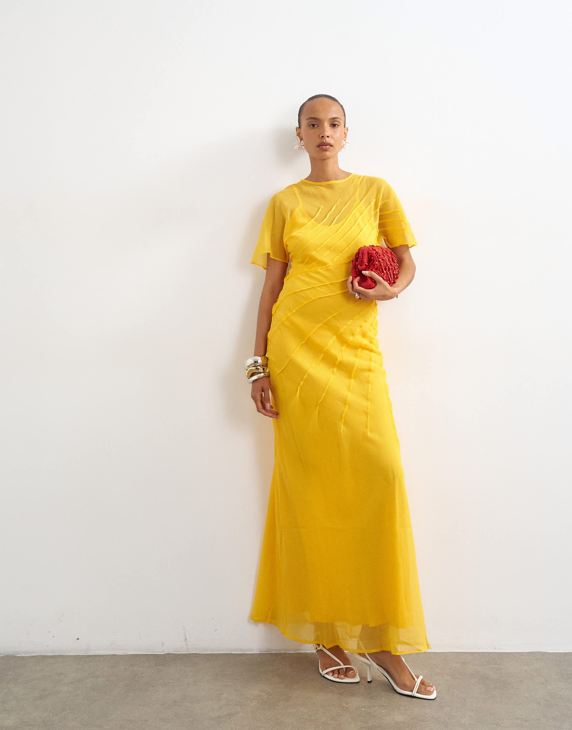 Topshop sheer chiffon maxi dress with pintuck details in Marigold