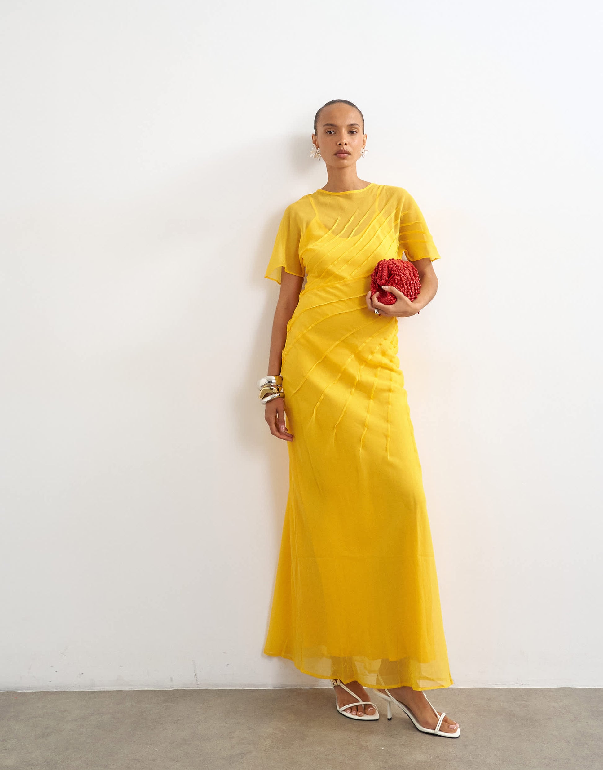 Topshop sheer chiffon maxi dress with pintuck details in Marigold