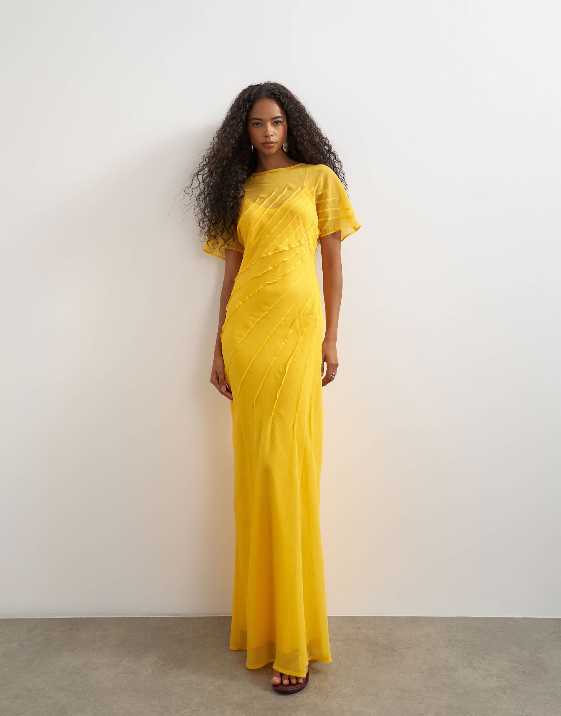 Topshop sheer chiffon maxi dress with pintuck details in Marigold