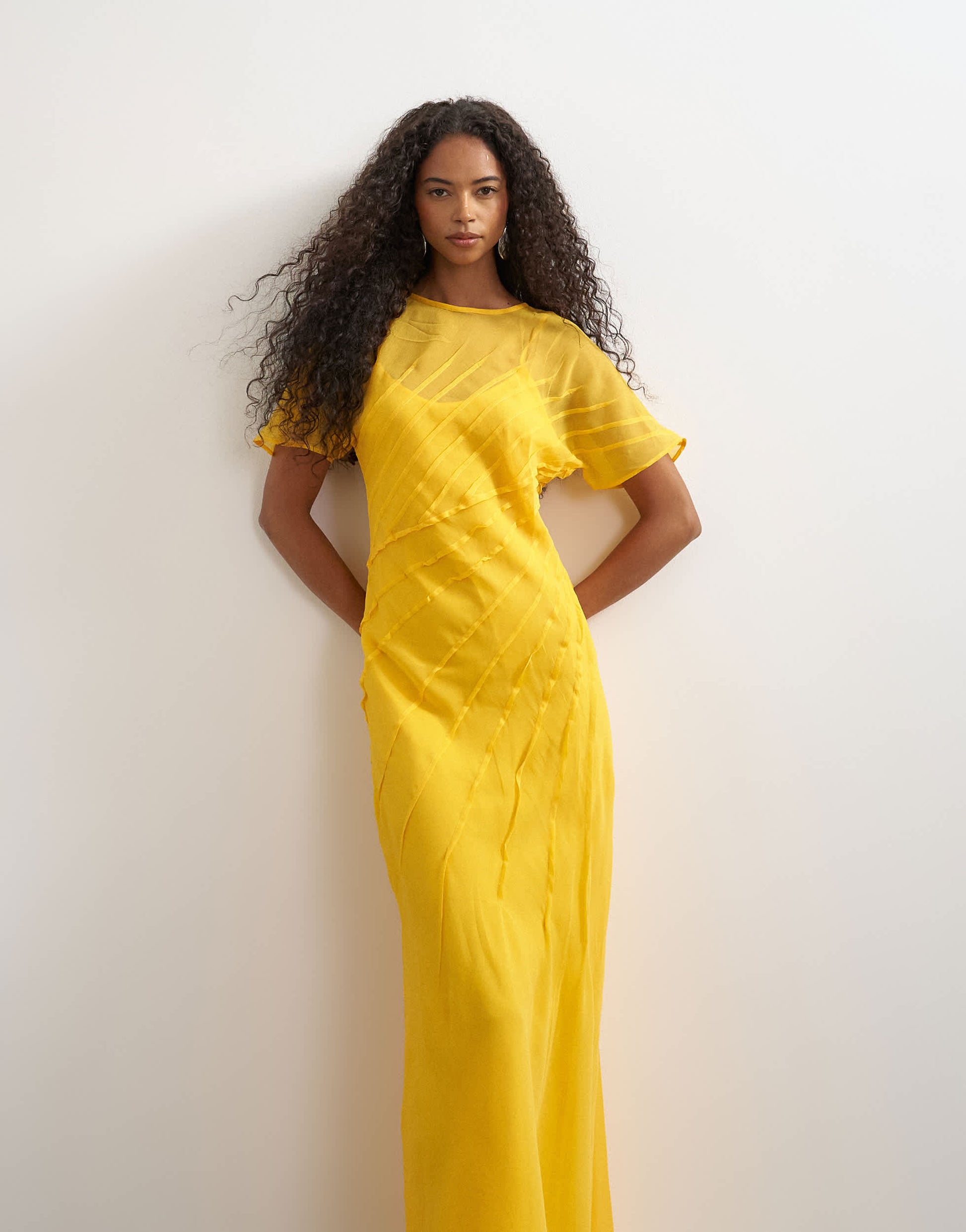 Topshop sheer chiffon maxi dress with pintuck details in Marigold