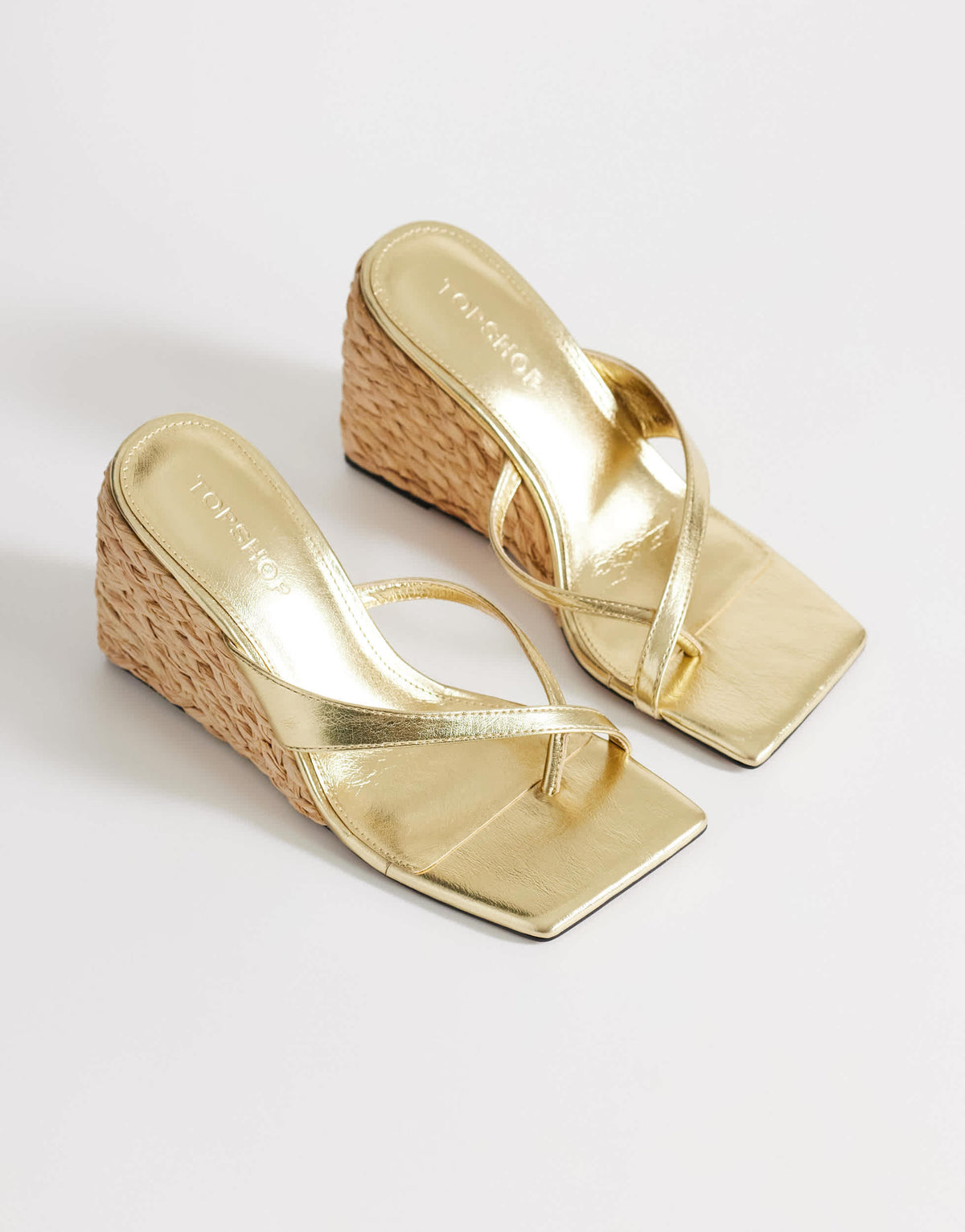 Topshop Naomi raffia wedge toe loop mule sandal in gold