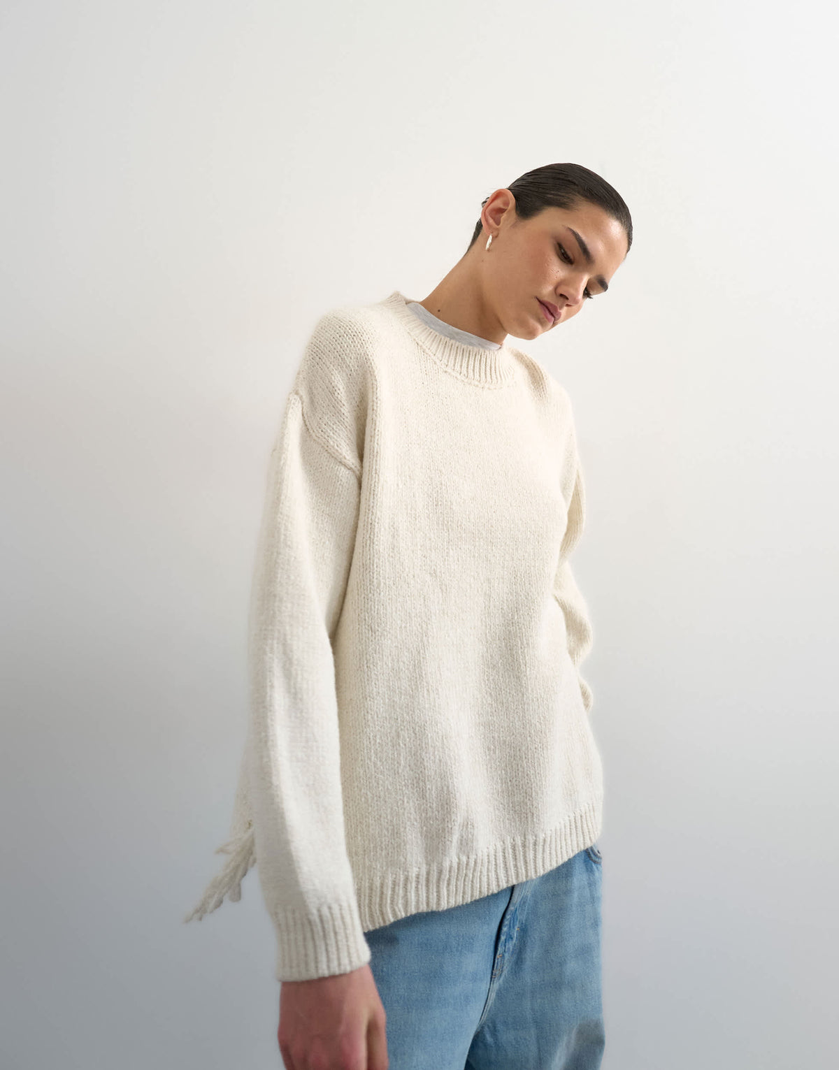 Topshop knitted tassel jumper in ivory