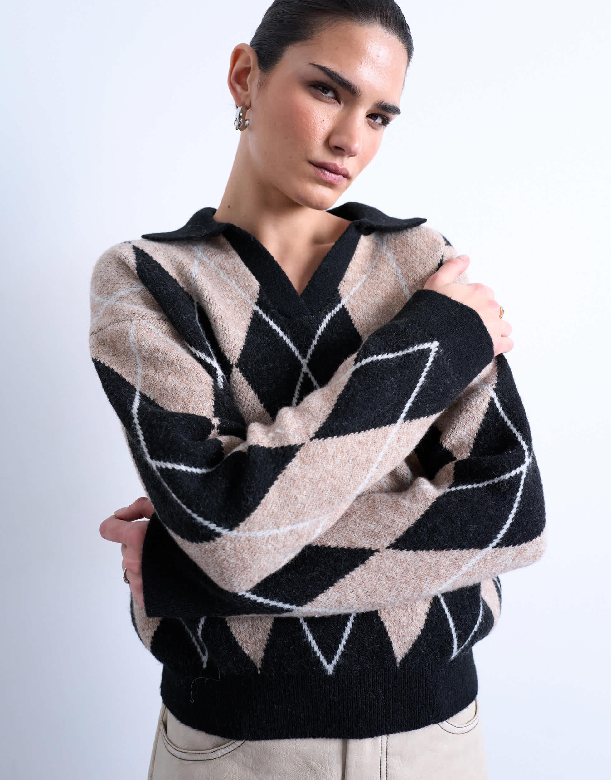 Topshop knitted argyle polo in neutral