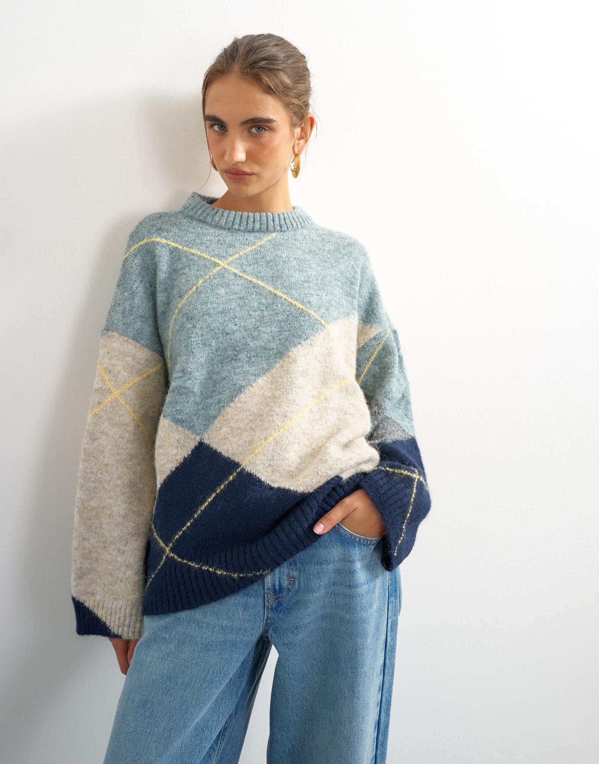 Topshop knitted placement argyle jumper in multi - MULTI
