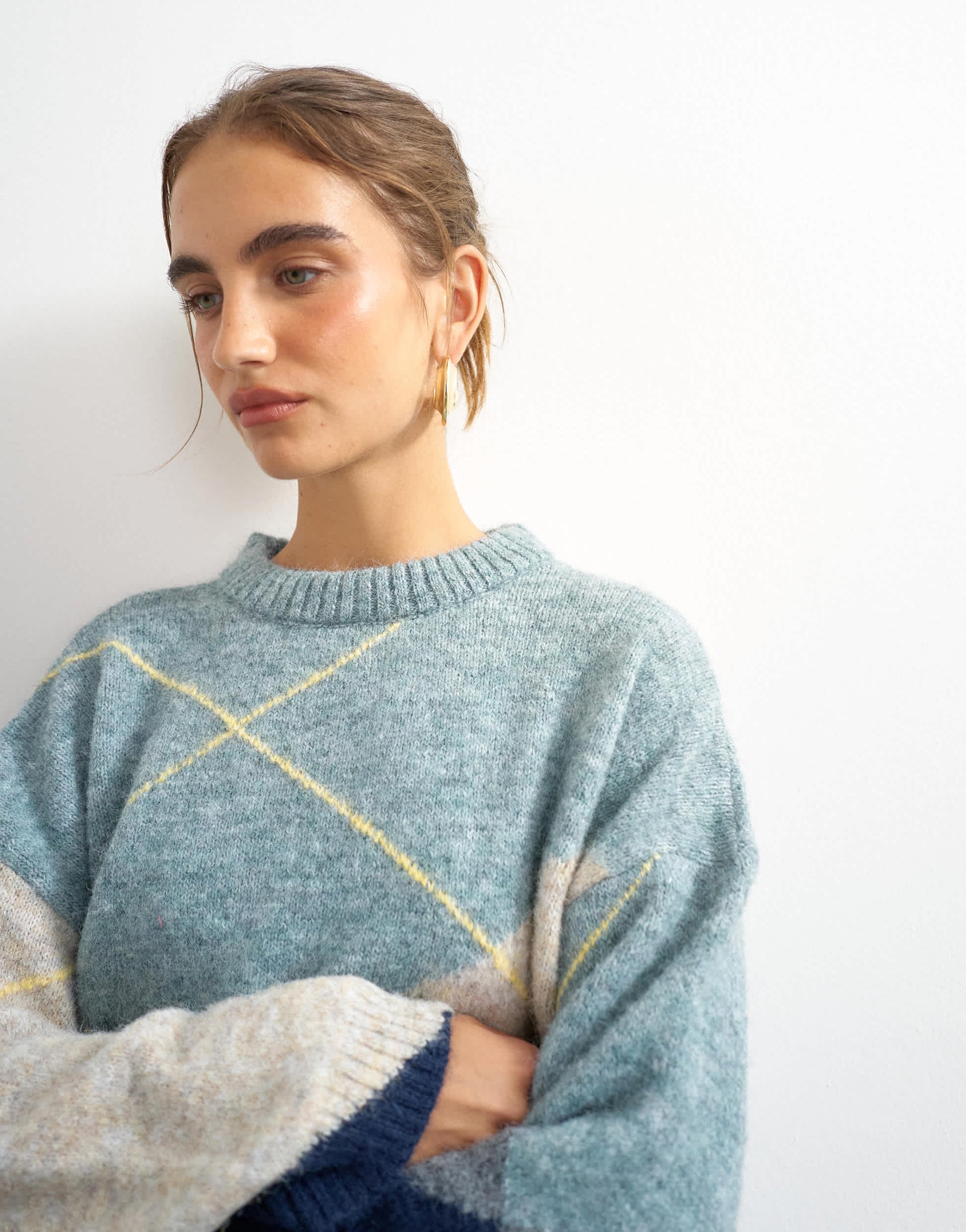 Topshop knitted placement argyle jumper in multi 
