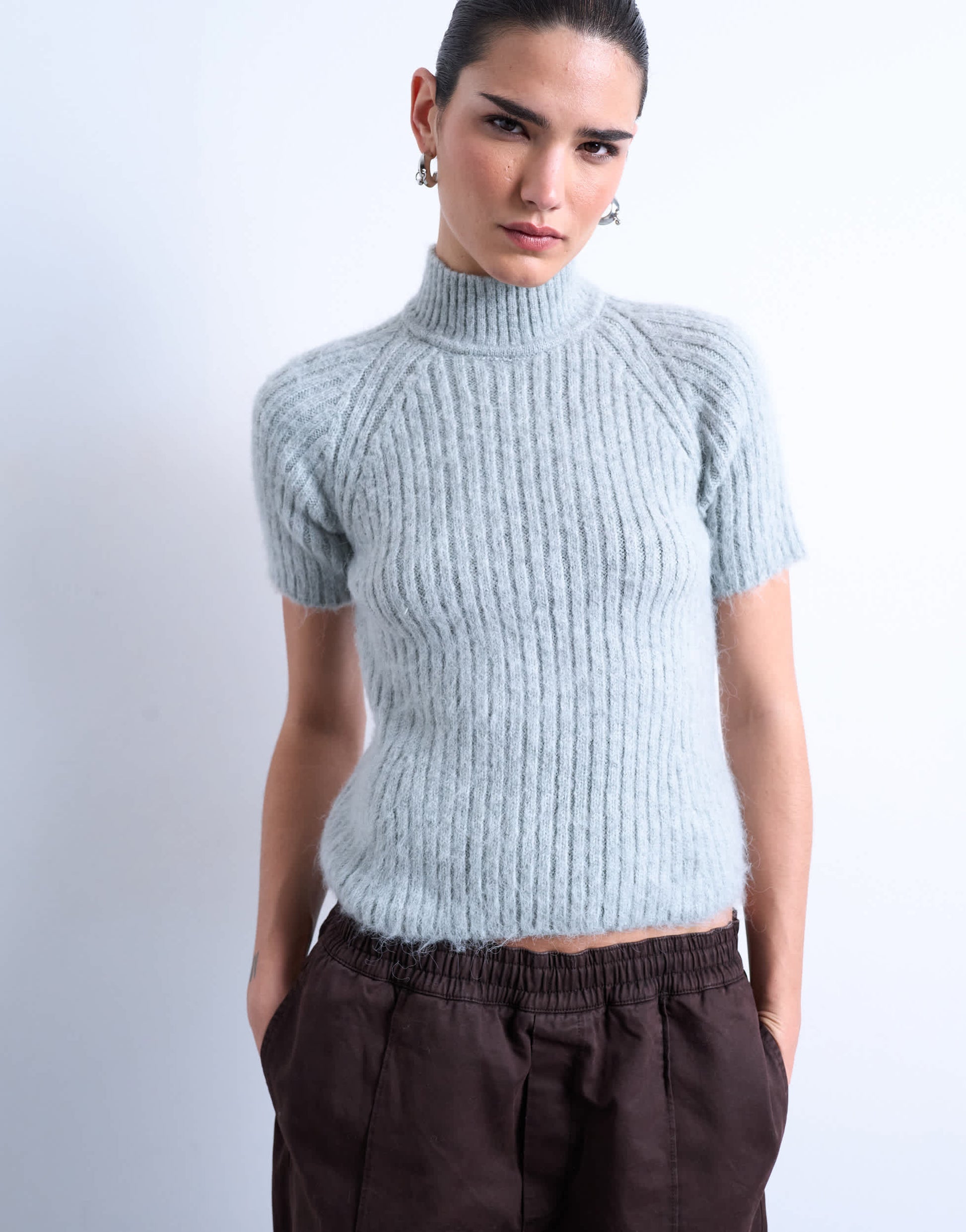 Topshop knitted rib short sleeve t-shirt in light grey 
