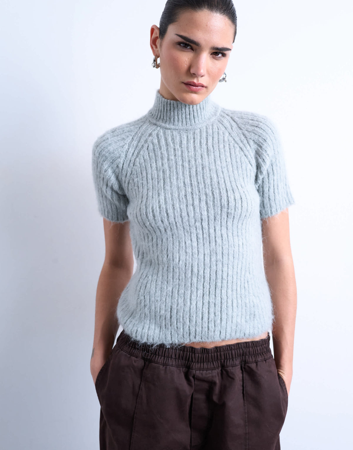 Topshop knitted rib short sleeve t-shirt in light grey 