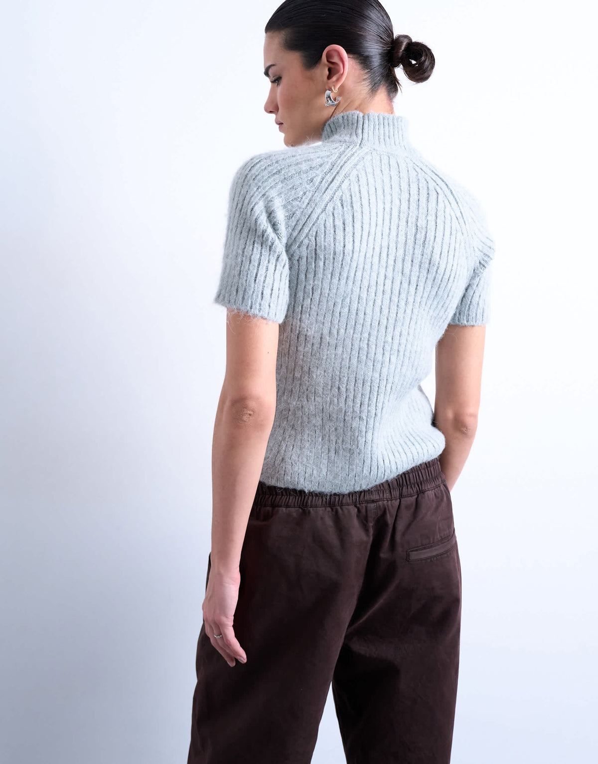 Topshop knitted rib short sleeve t-shirt in light grey 