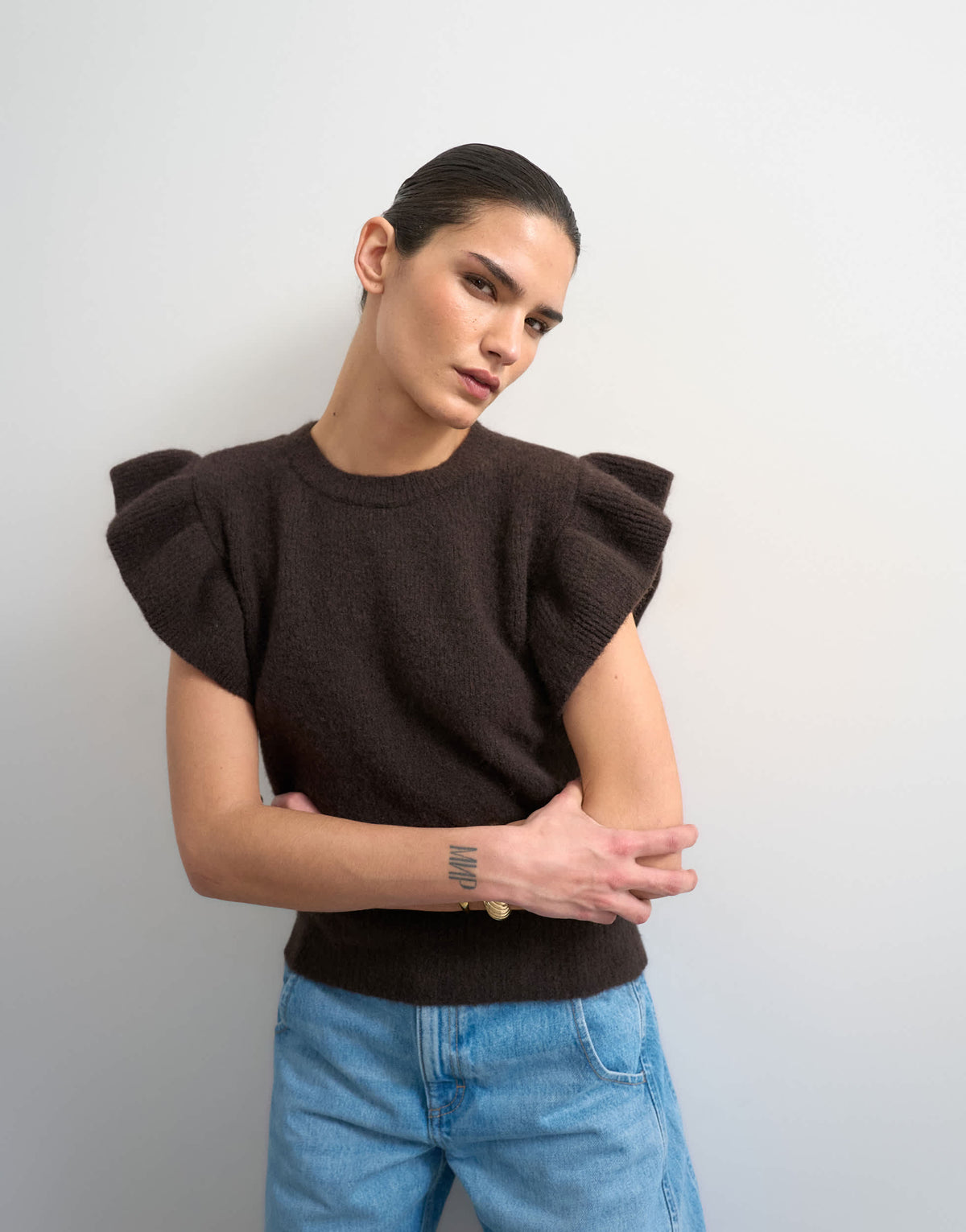 Topshop knitted ruffle short sleeve top in brown