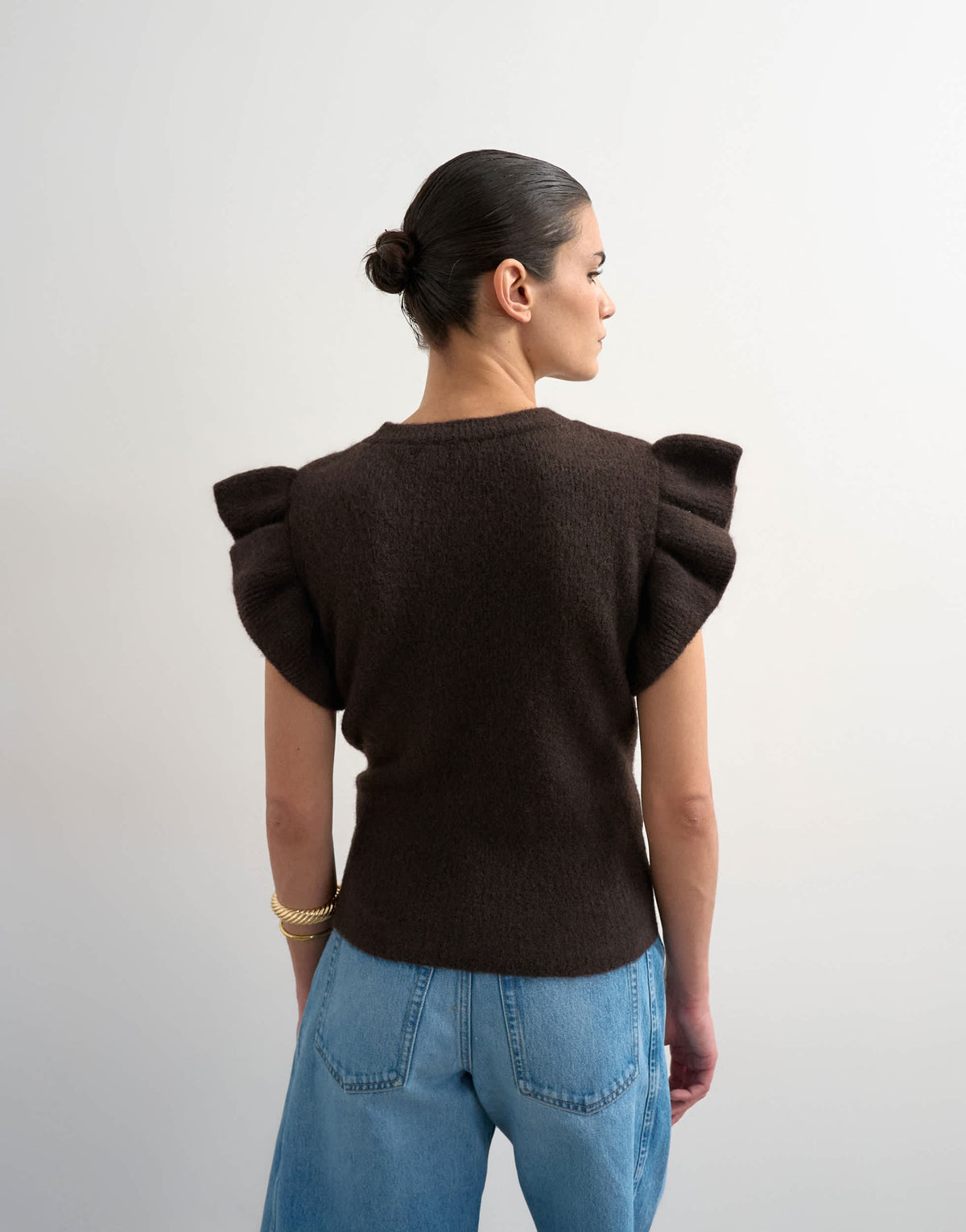 Topshop knitted ruffle short sleeve top in brown