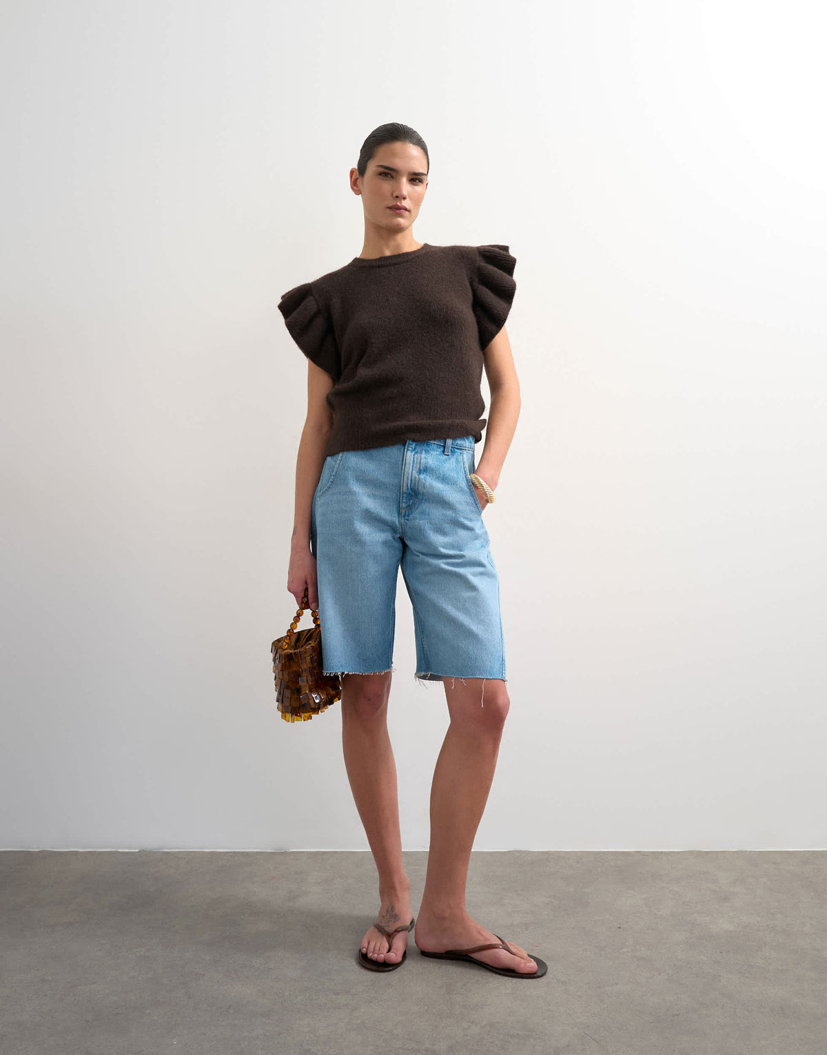 Topshop knitted ruffle short sleeve top in brown