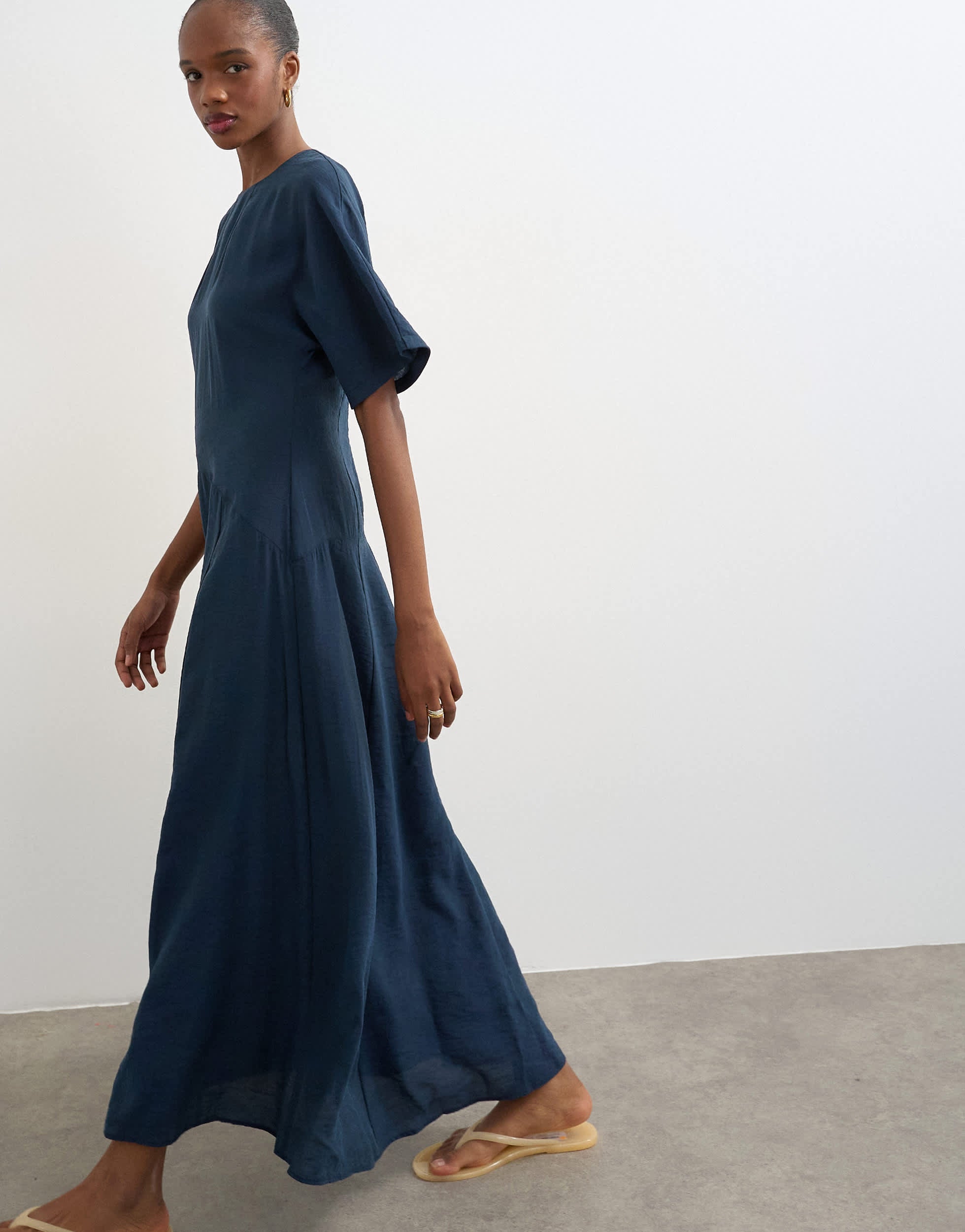 Topshop cupro dropped waist maxi t-shirt dress in navy
