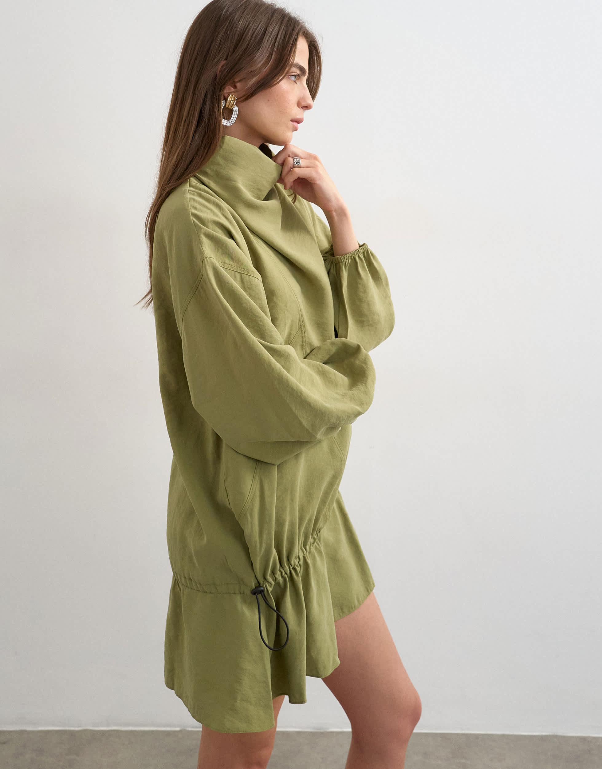 Topshop cupro funnel neck dropped waist long sleeve mini dress in khaki