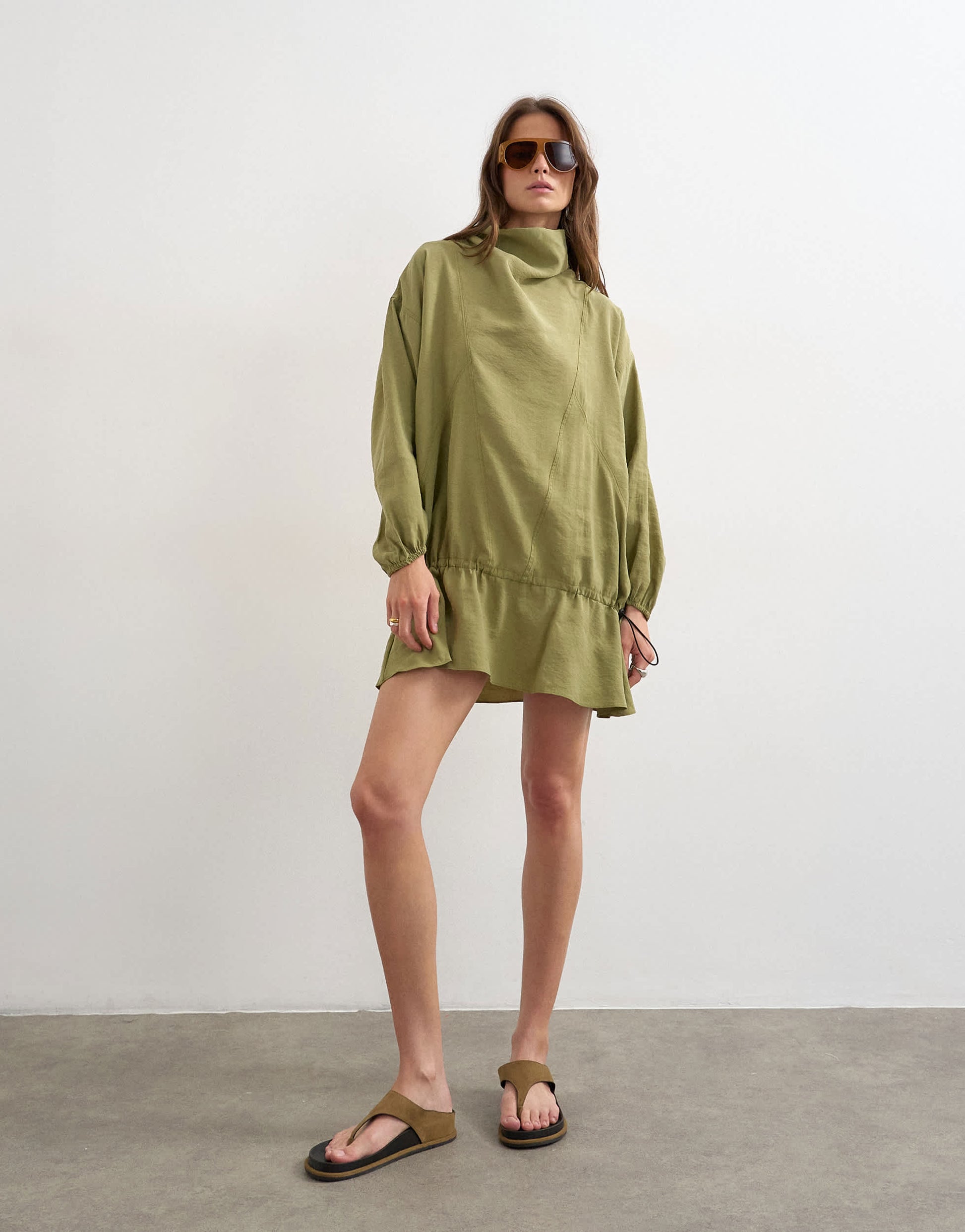 Topshop cupro funnel neck dropped waist long sleeve mini dress in khaki