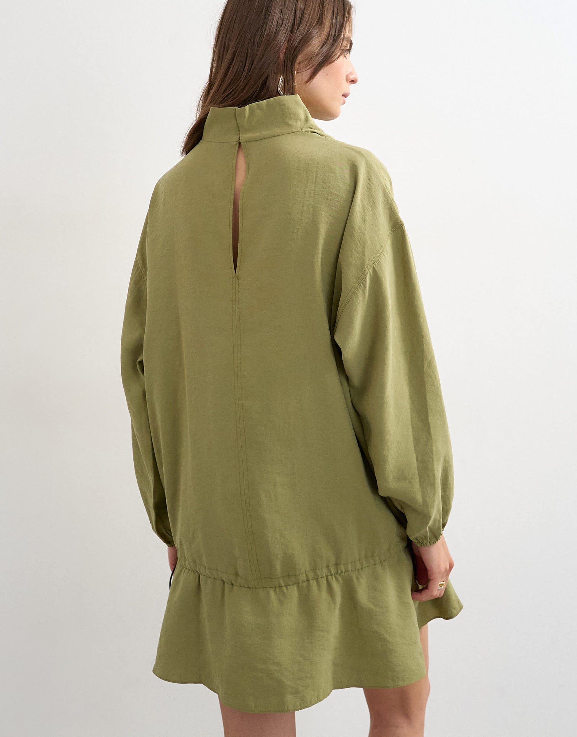 Topshop cupro funnel neck dropped waist long sleeve mini dress in khaki
