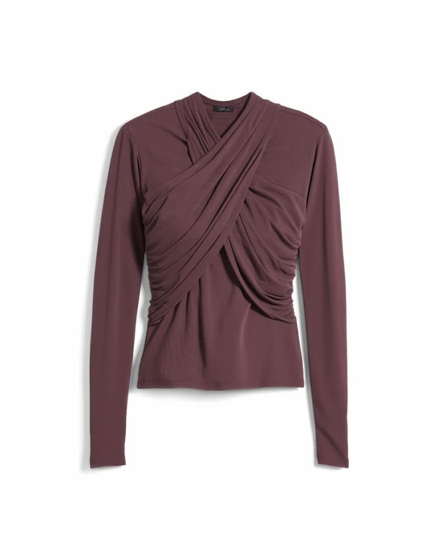 Topshop cross over wrap long sleeve top in chocolate brown