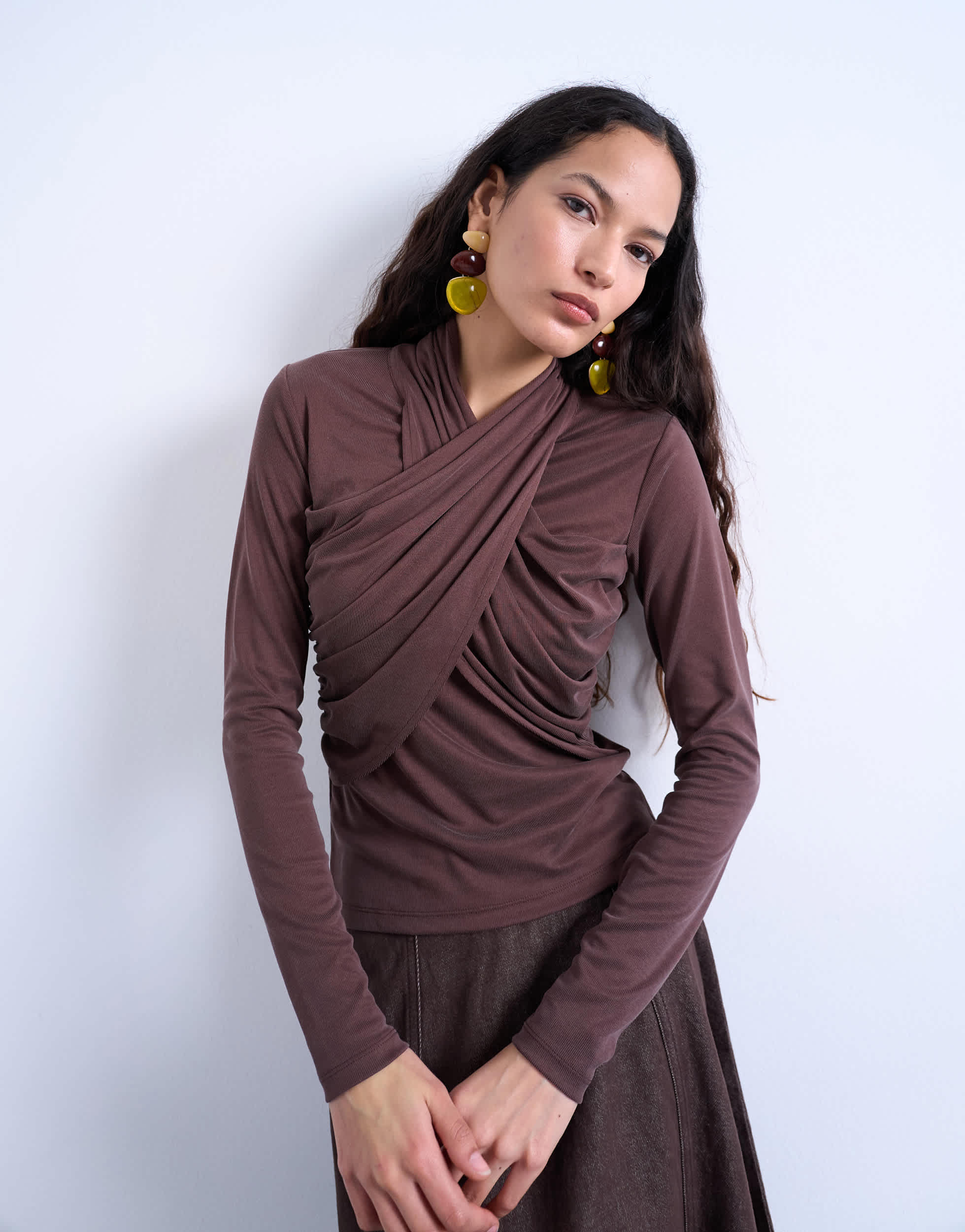 Topshop cross over wrap long sleeve top in chocolate brown