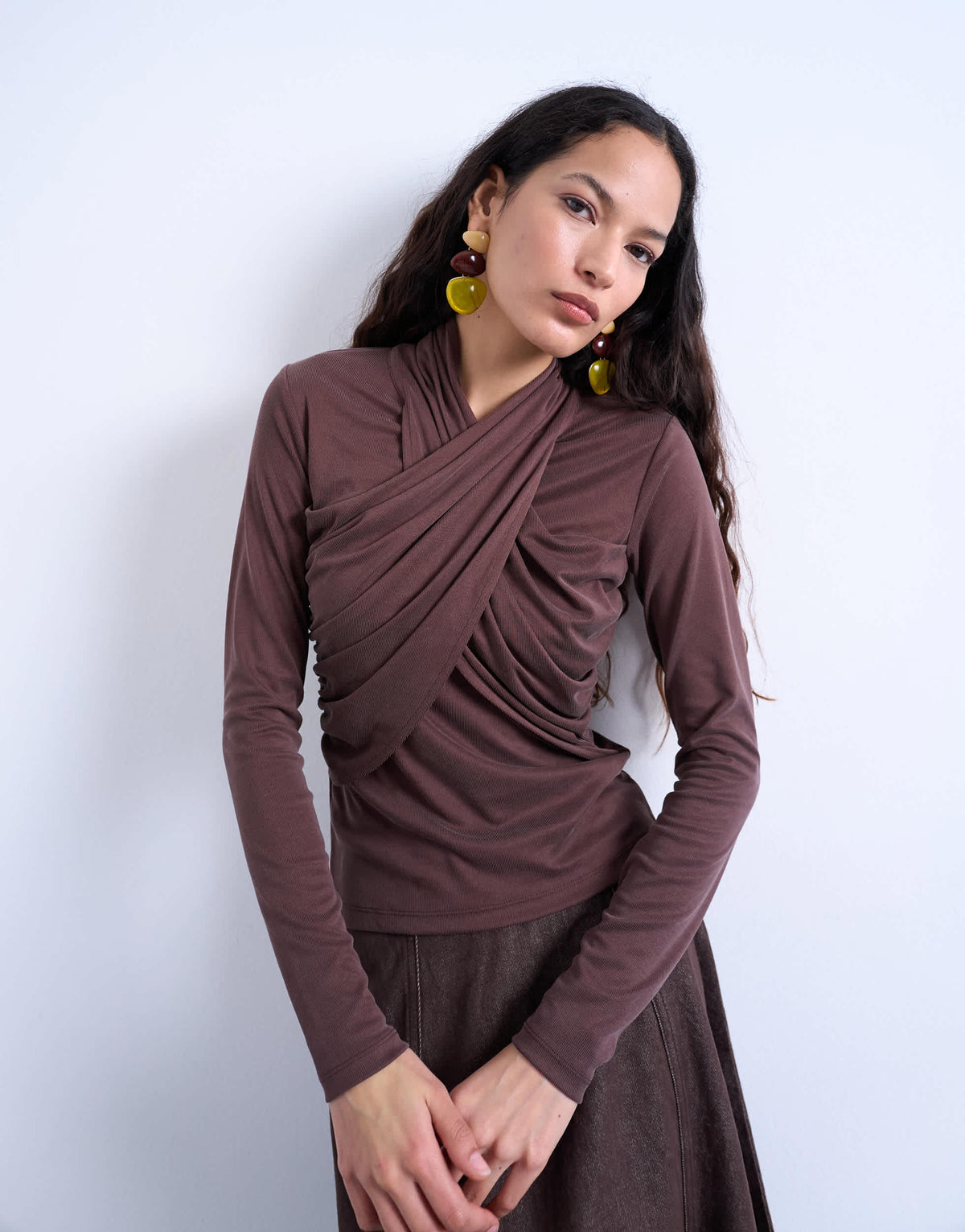 Topshop cross over wrap long sleeve top in chocolate brown