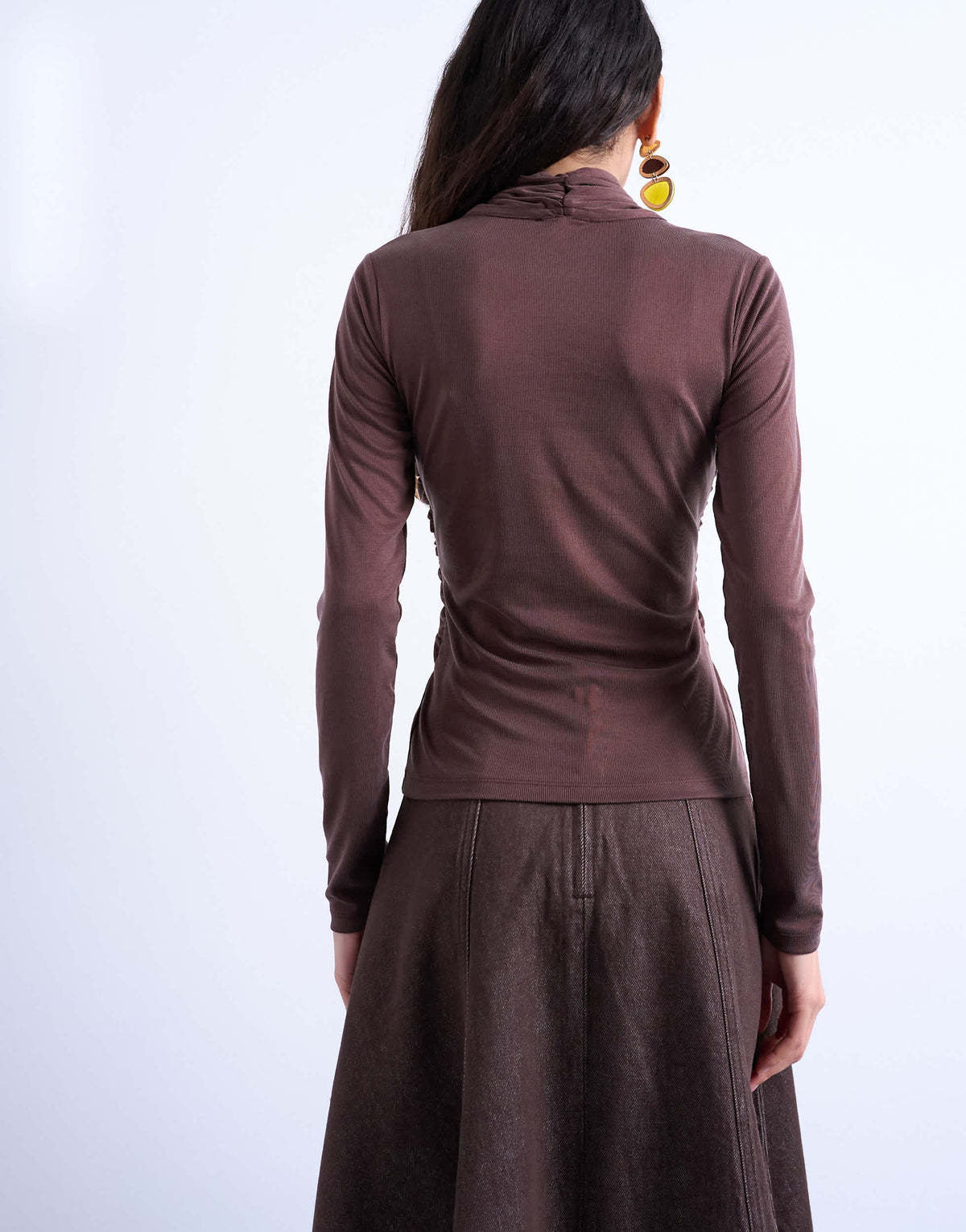 Topshop cross over wrap long sleeve top in chocolate brown