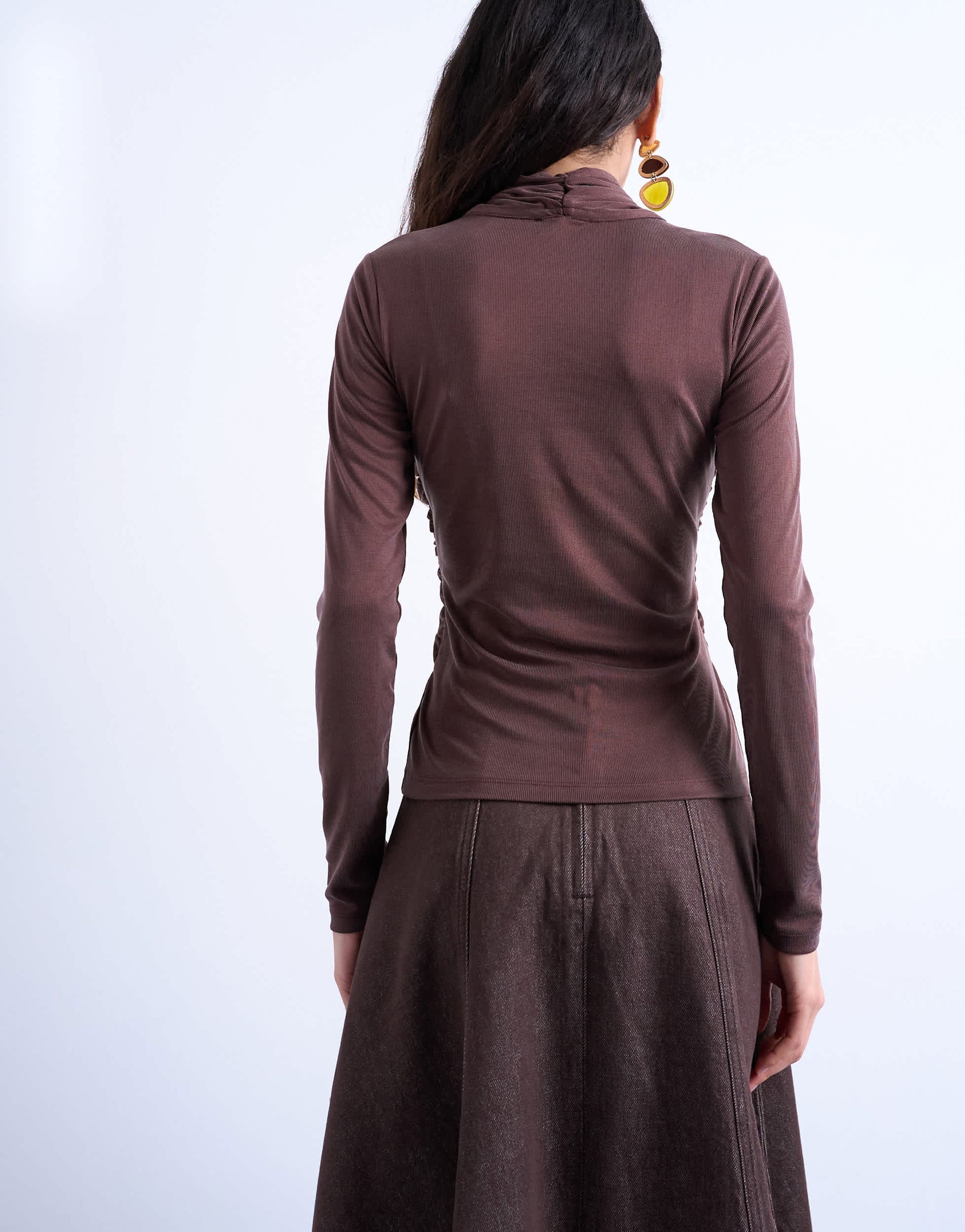 Topshop cross over wrap long sleeve top in chocolate brown