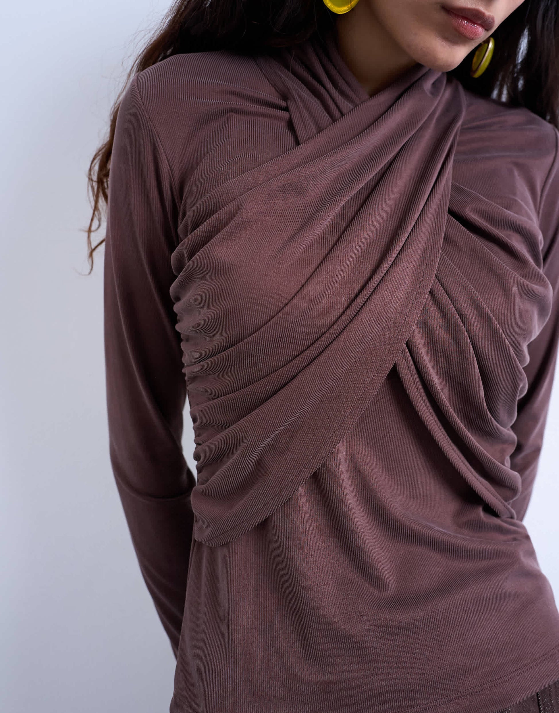Topshop cross over wrap long sleeve top in chocolate brown
