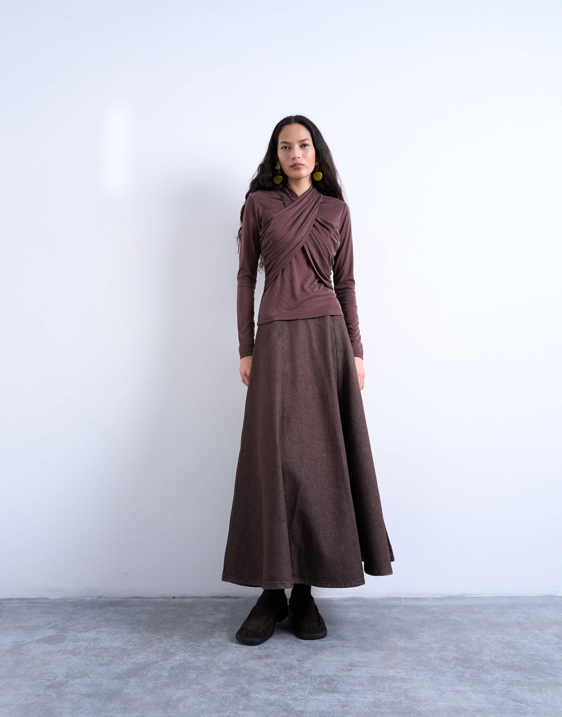 Topshop cross over wrap long sleeve top in chocolate brown