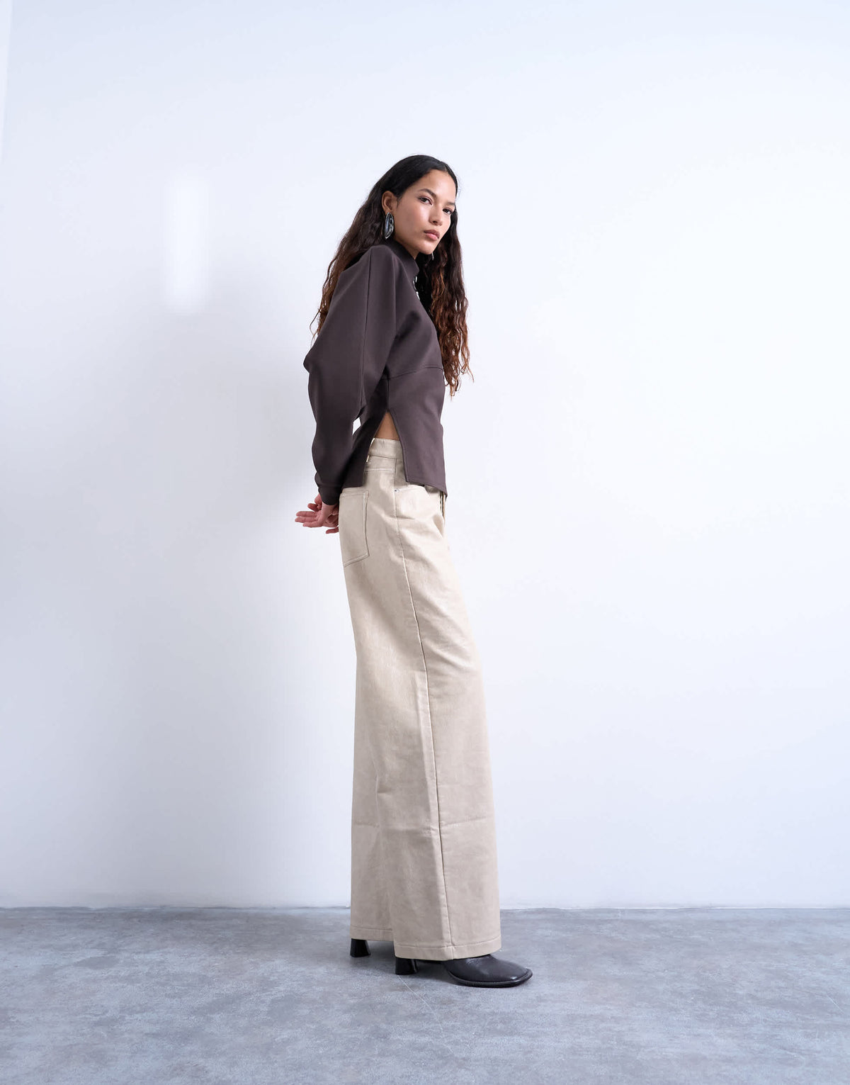 Topshop interlock cinch waist long sleeve funnel neck top in chocolate