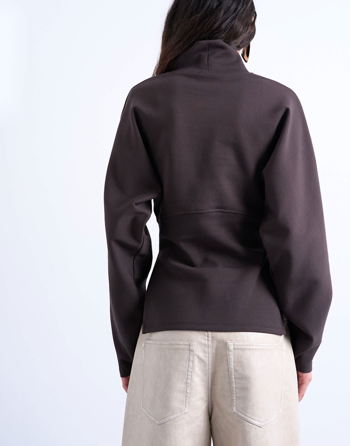 Topshop interlock cinch waist long sleeve funnel neck top in chocolate