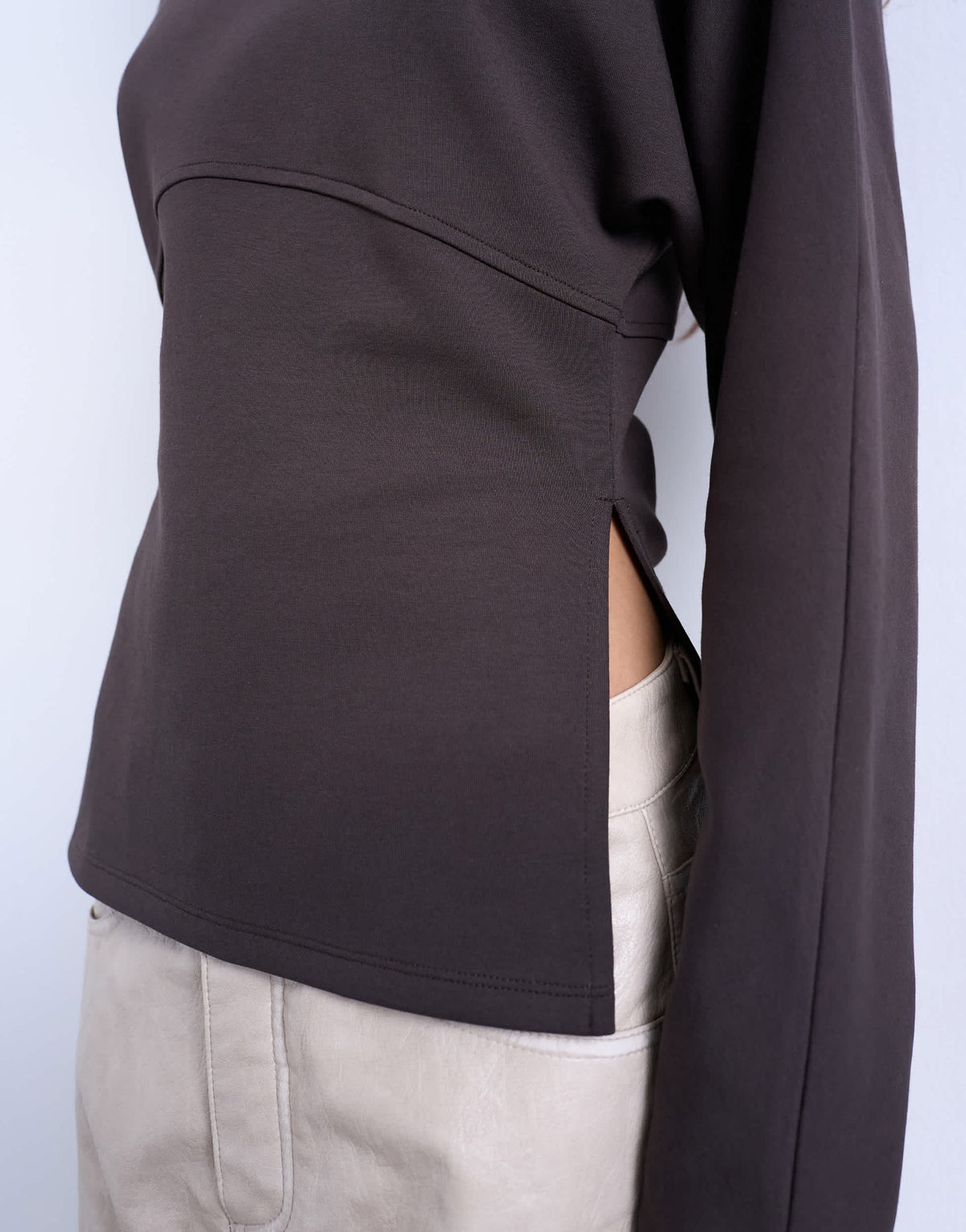 Topshop interlock cinch waist long sleeve funnel neck top in chocolate