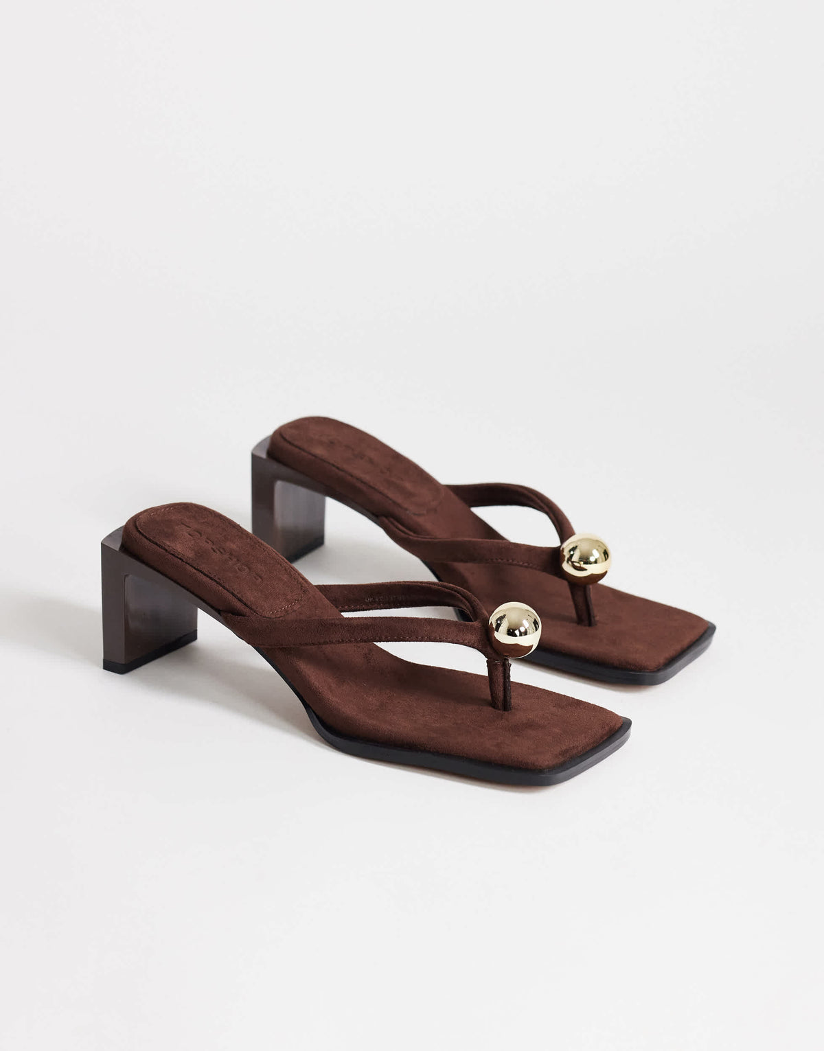 Topshop Nadeem mid heel toe thong sandal with hardware in chocolate