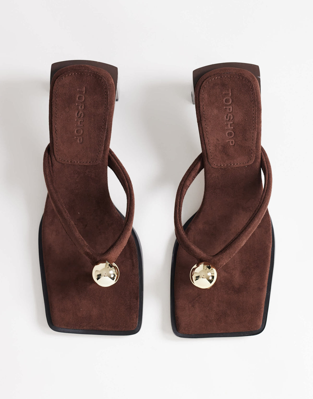 Topshop Nadeem mid heel toe thong sandal with hardware in chocolate