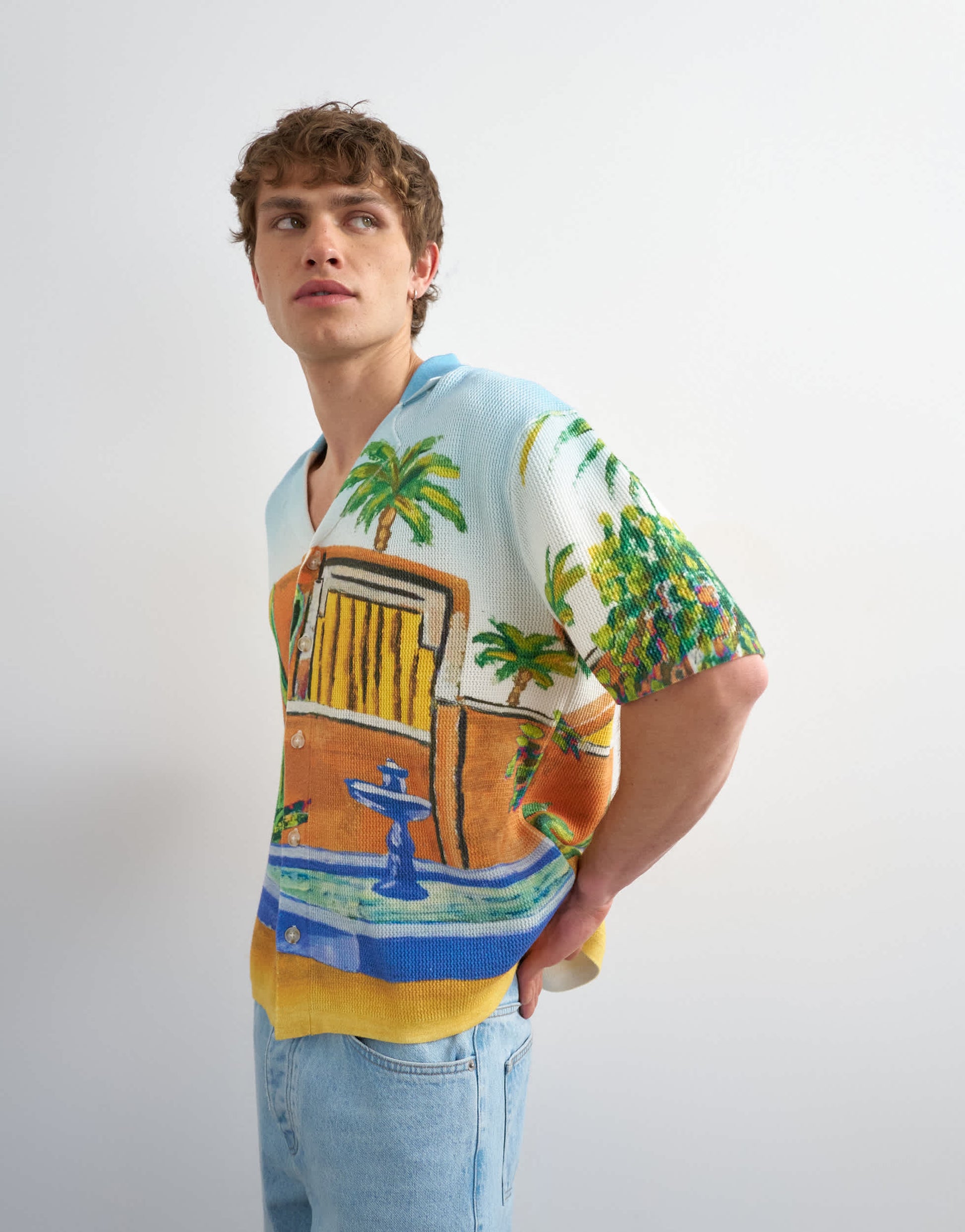 Topman relaxed fit knitted shirt with printed garden scene in multi