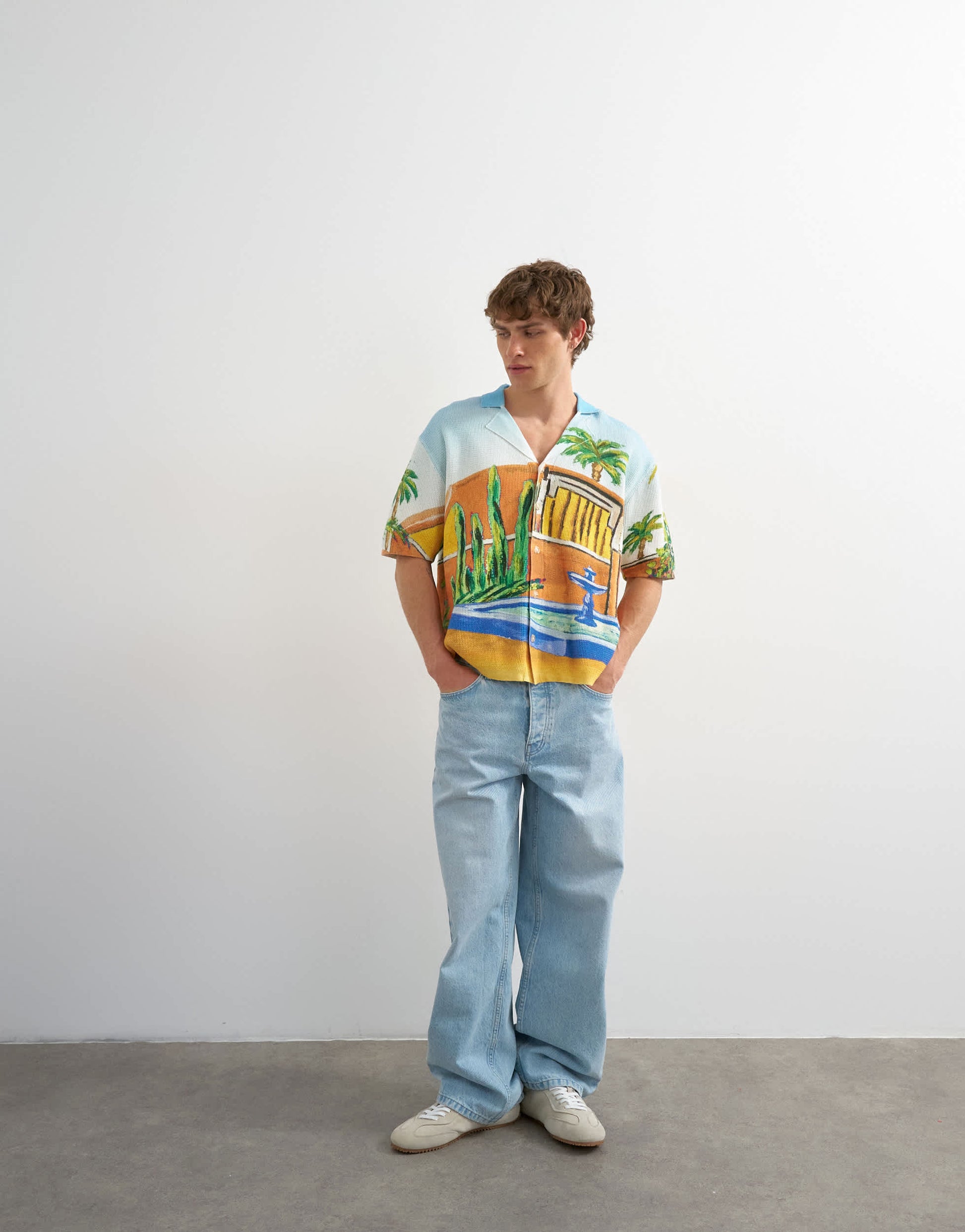 Topman relaxed fit knitted shirt with printed garden scene in multi