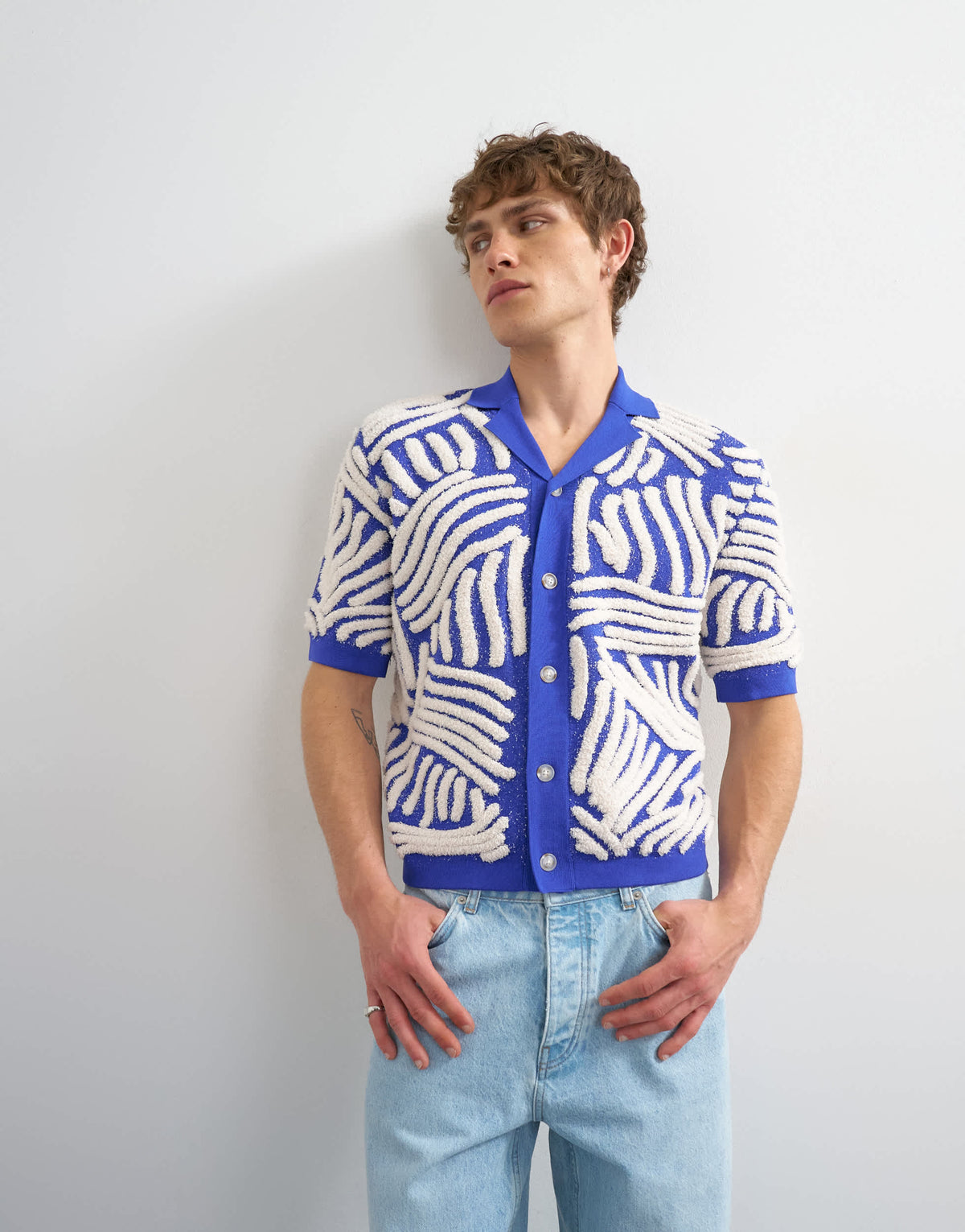 Topman relaxed fit knitted shirt with all over boucle floral applique in blue