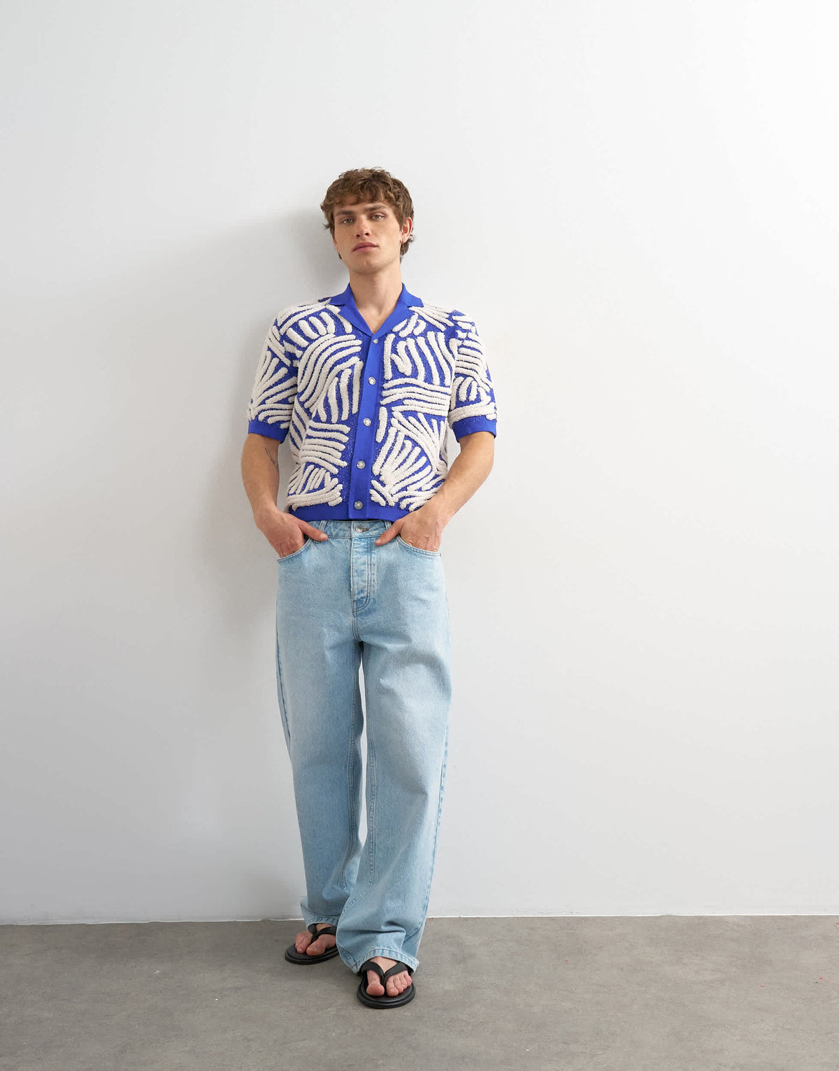 Topman relaxed fit knitted shirt with all over boucle floral applique in blue