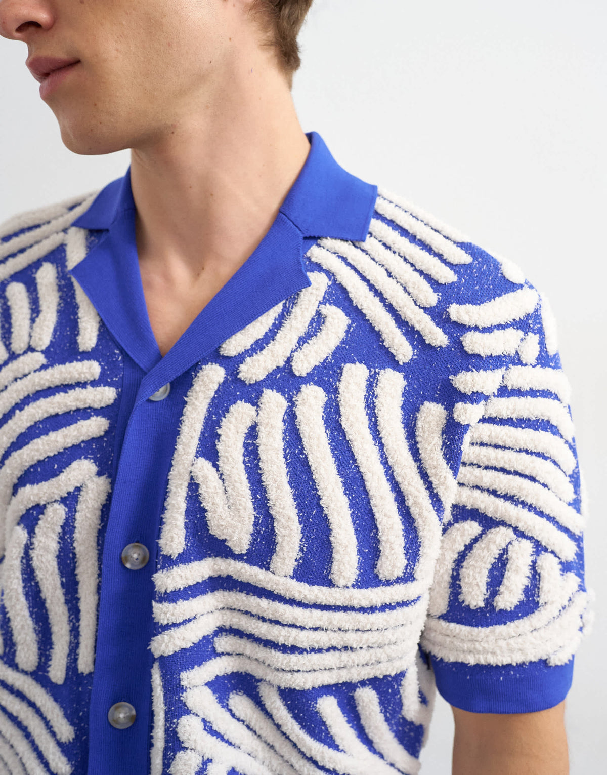 Topman relaxed fit knitted shirt with all over boucle floral applique in blue