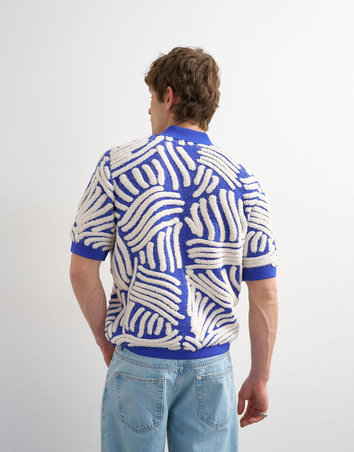 Topman relaxed fit knitted shirt with all over boucle floral applique in blue