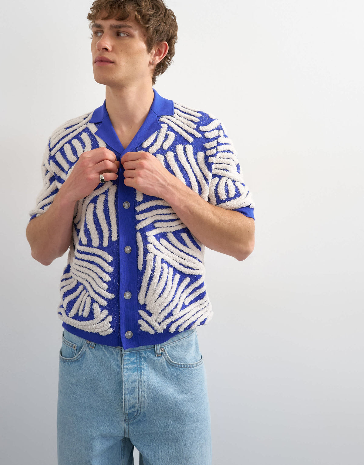 Topman relaxed fit knitted shirt with all over boucle floral applique in blue