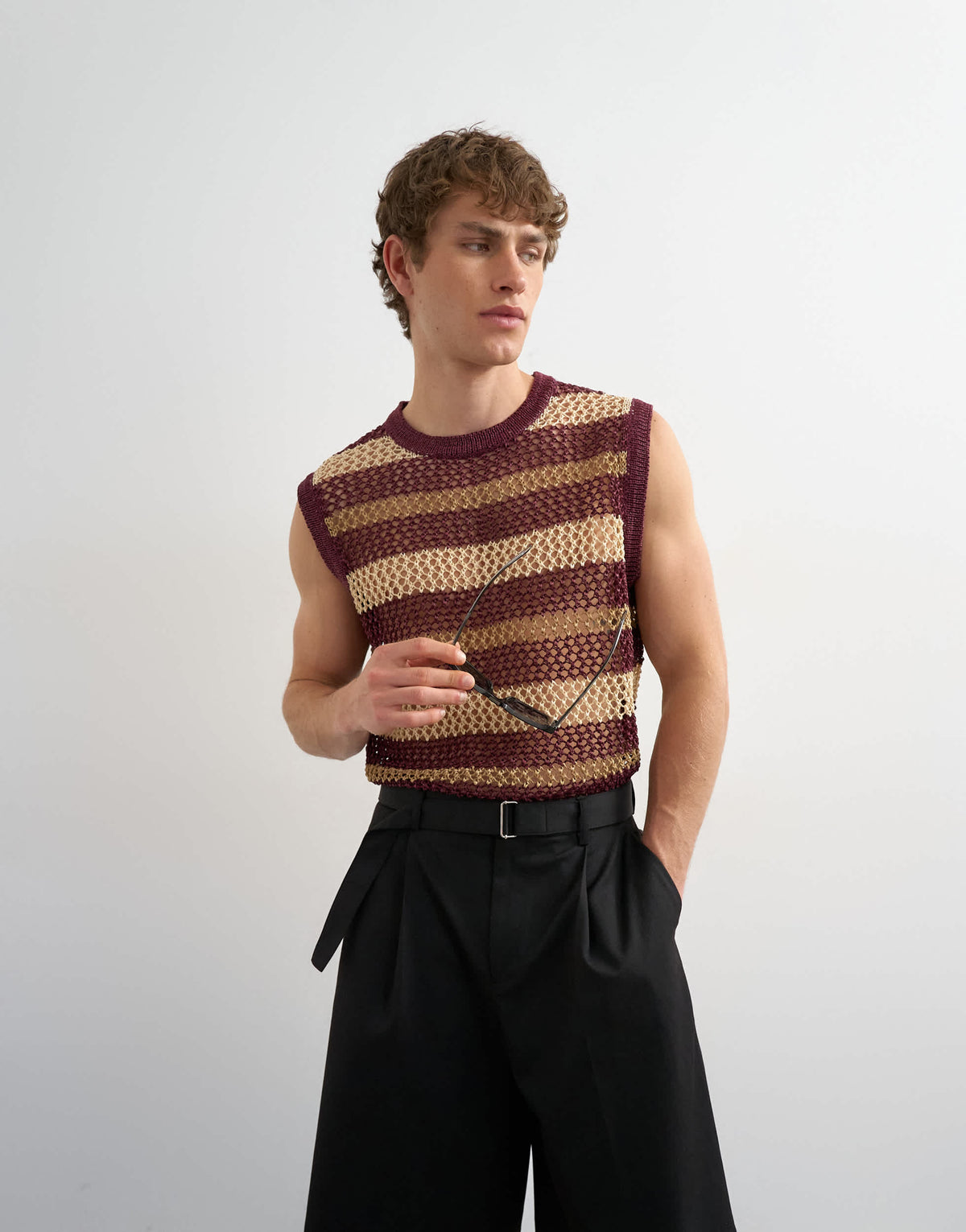 Topman relaxed fit knitted crochet stripe tank in burgundy