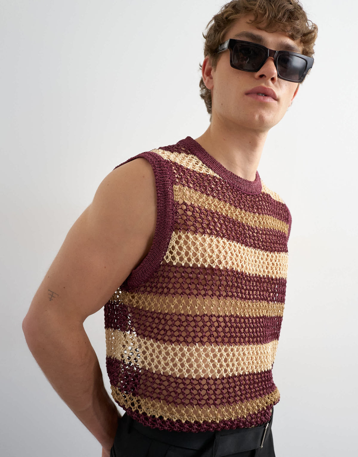 Topman relaxed fit knitted crochet stripe tank in burgundy