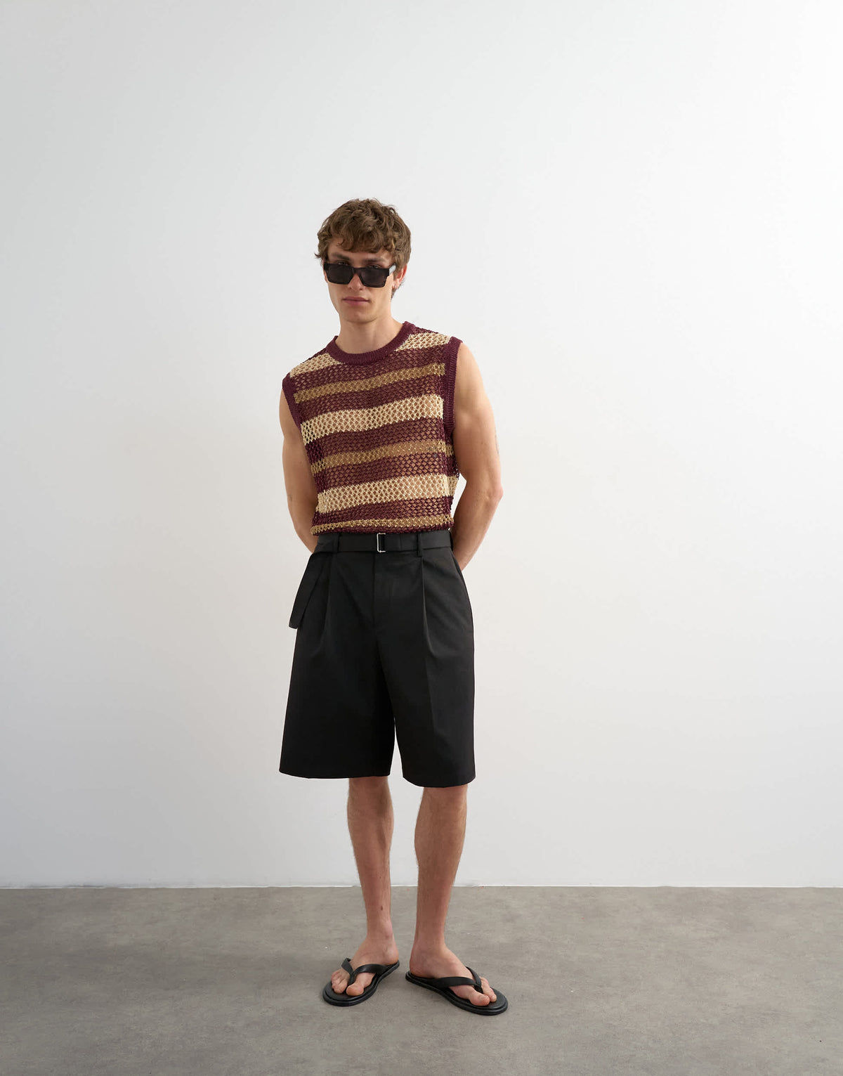 Topman relaxed fit knitted crochet stripe tank in burgundy