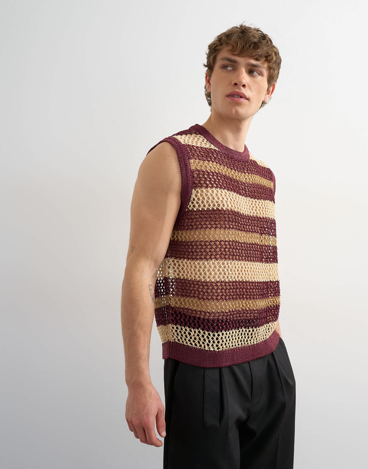 Topman relaxed fit knitted crochet stripe tank in burgundy