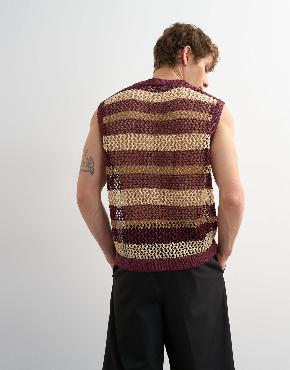 Topman relaxed fit knitted crochet stripe tank in burgundy