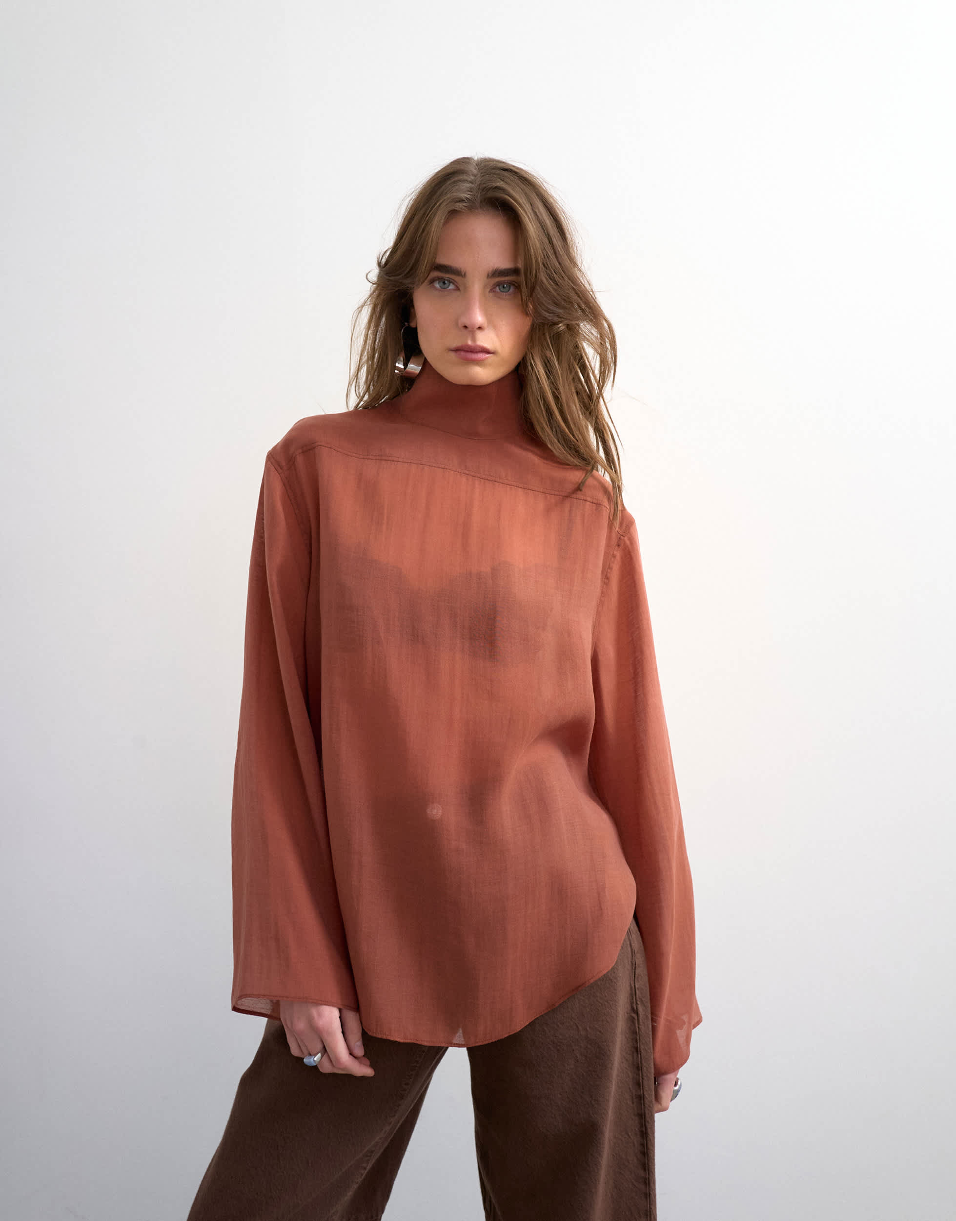 Topshop funnel neck backwards long sleeve shirt in rust