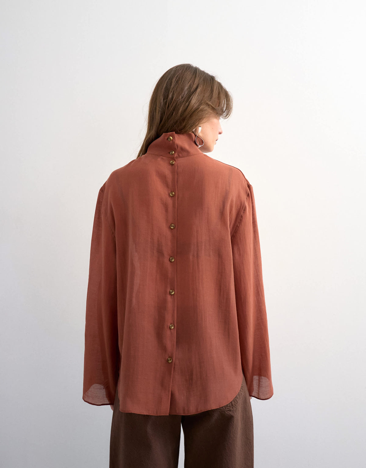 Topshop funnel neck backwards long sleeve shirt in rust