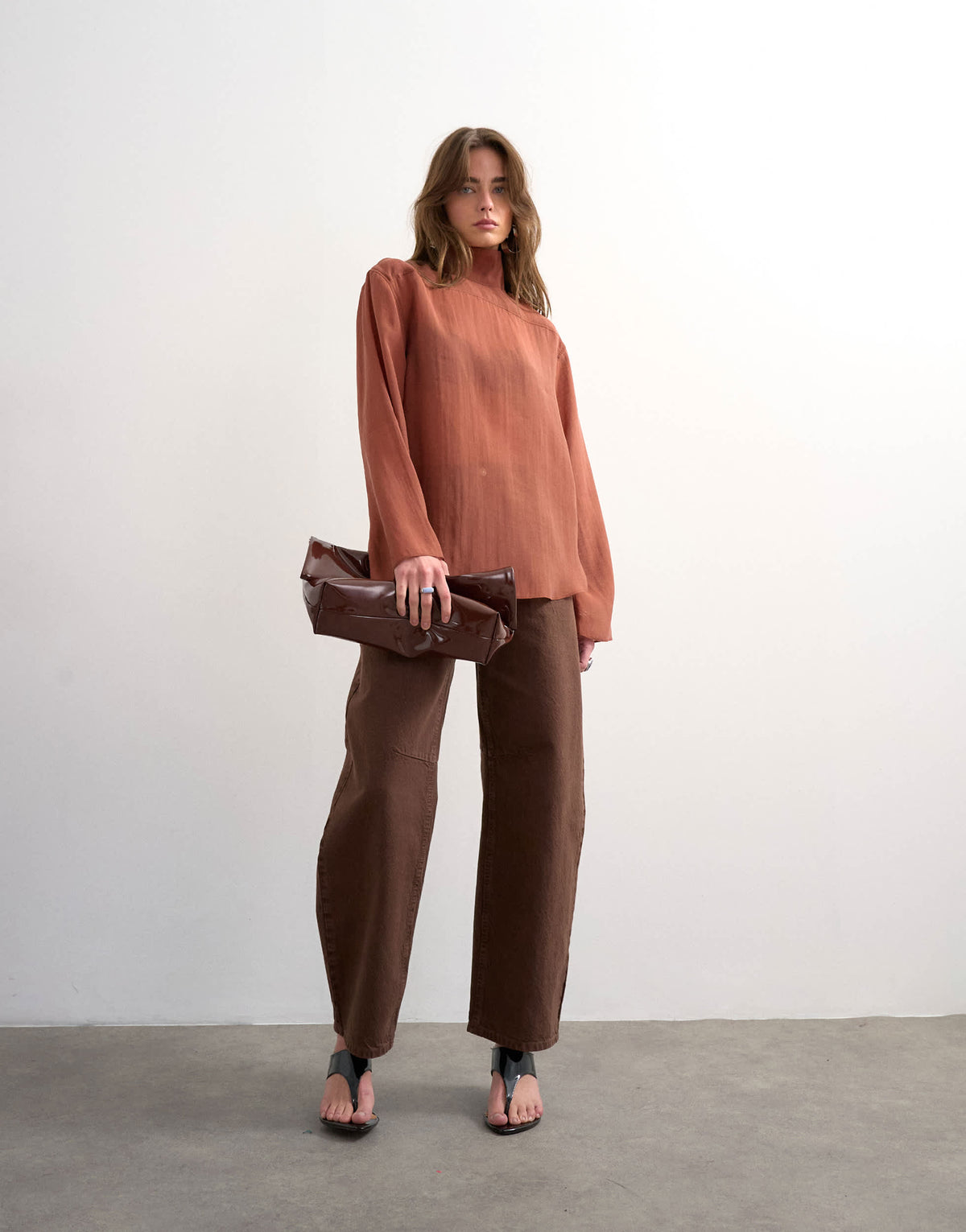 Topshop funnel neck backwards long sleeve shirt in rust