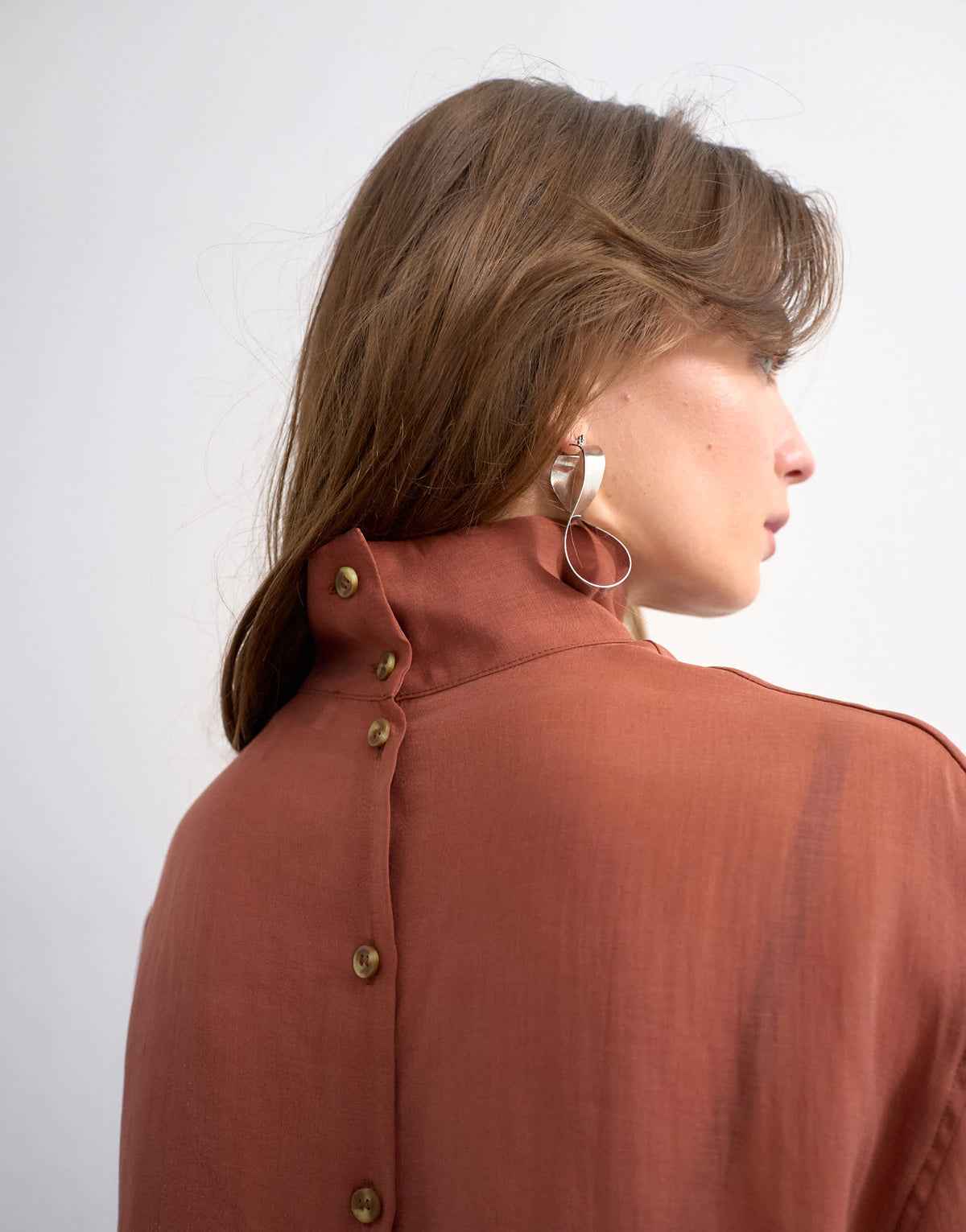 Topshop funnel neck backwards long sleeve shirt in rust